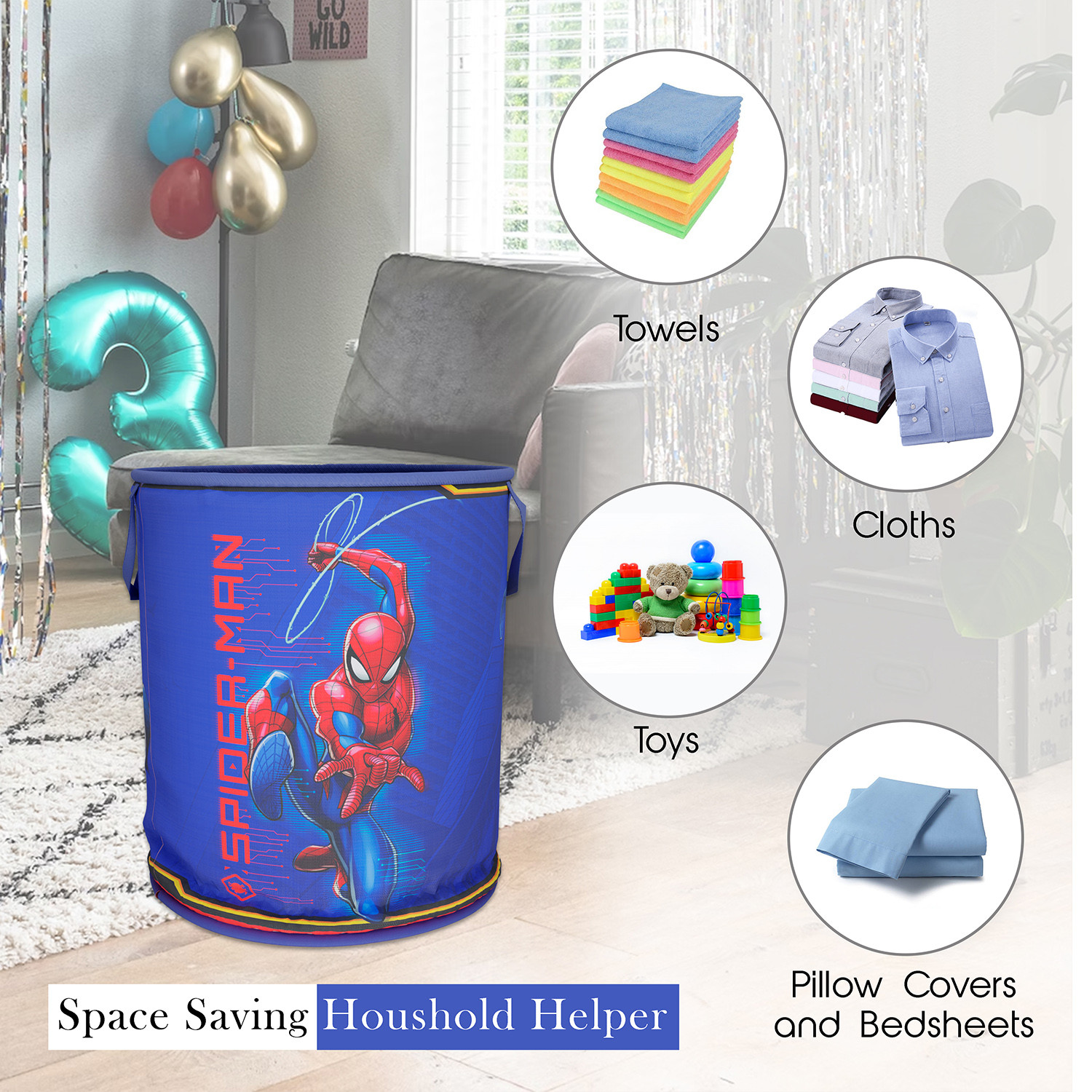 Kuber Industries Marvel Spiderman Print Round Laundry Basket|Polyester Clothes Hamper|Waterproof & Foldable Round Laundry Bag with Handle,45 Ltr.(Navy Blue)