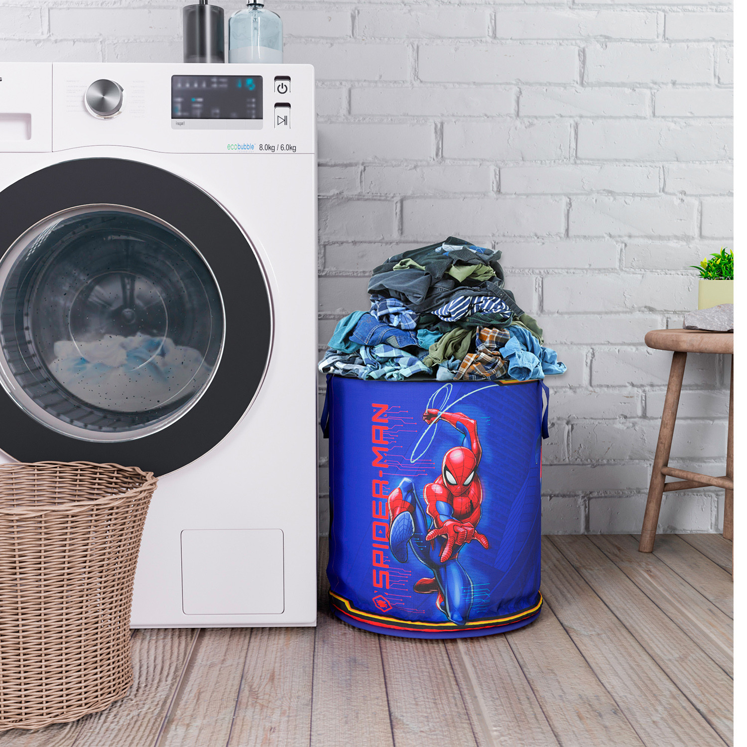 Kuber Industries Marvel Spiderman Print Round Laundry Basket|Polyester Clothes Hamper|Waterproof & Foldable Round Laundry Bag with Handle,45 Ltr.(Navy Blue)
