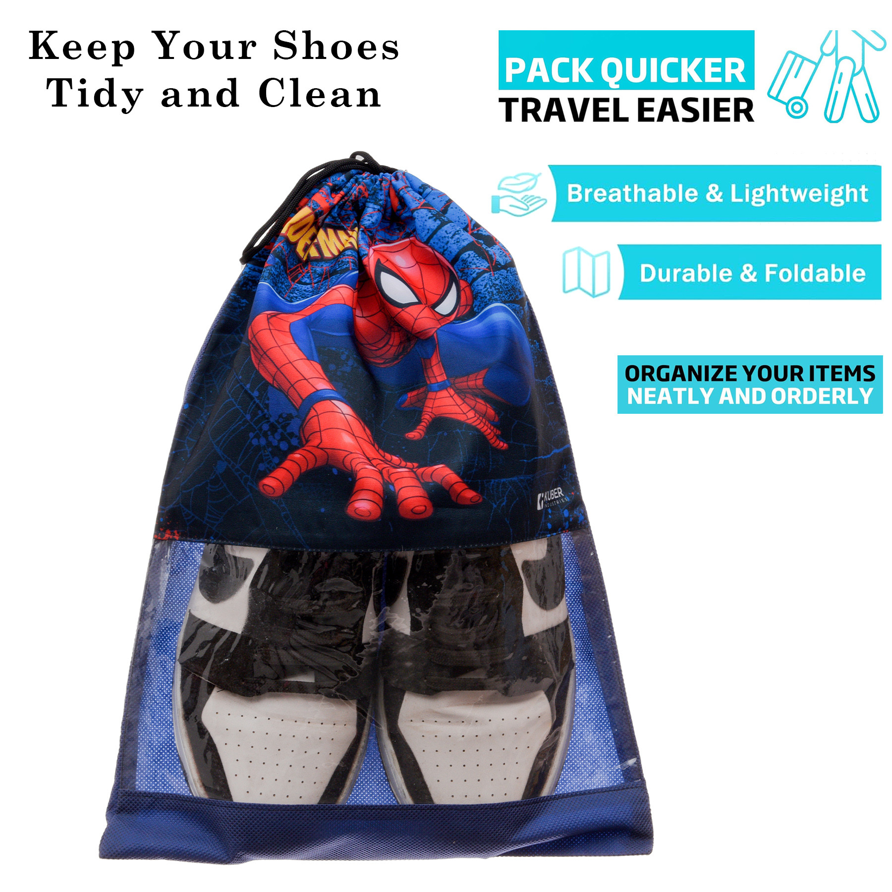 Kuber Industries Marvel Spiderman Shoe Cover  Travel Shoe Storage Bags  Polyester Storage Bag  Drawstring Shoe Cover  Shoe Organizer with Clear window  Pack of 6  Navy Blue
