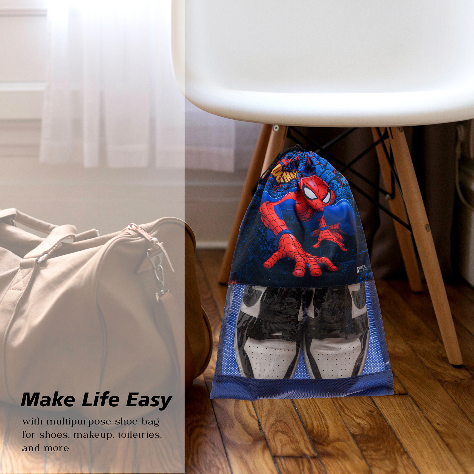 Kuber Industries Marvel Spiderman Shoe Cover  Travel Shoe Storage Bags  Polyester Storage Bag  Drawstring Shoe Cover  Shoe Organizer with Clear window  Pack of 6  Navy Blue