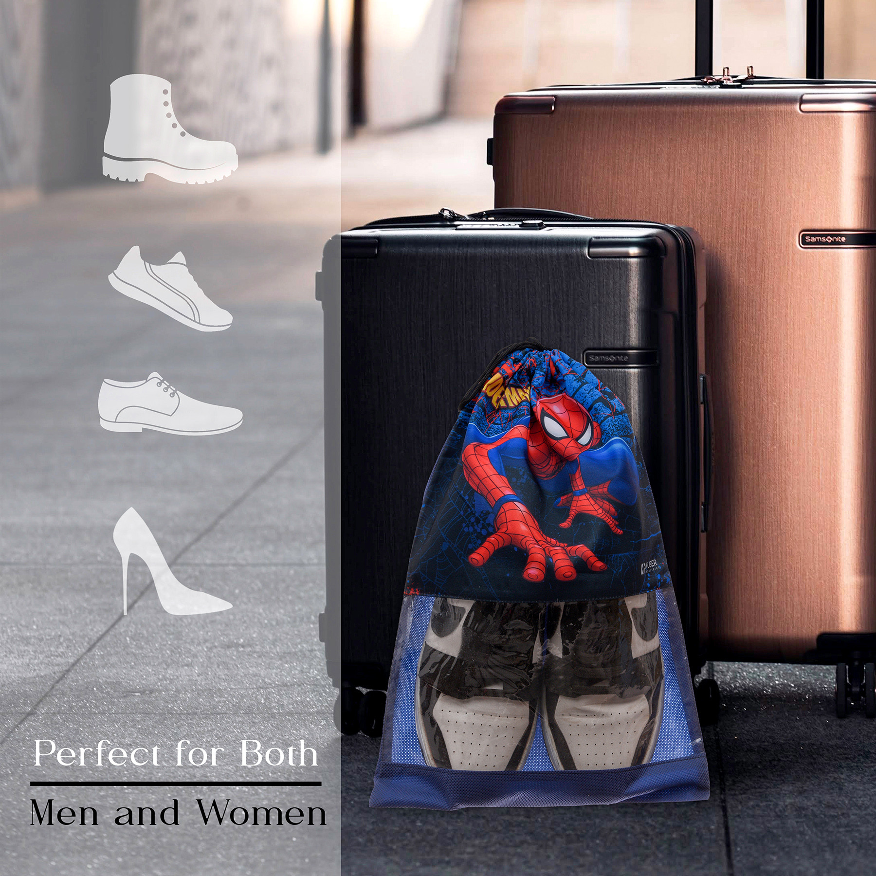 Kuber Industries Marvel Spiderman Shoe Cover | Travel Shoe Storage Bags | Polyester Storage Bag | Drawstring Shoe Cover | Shoe Organizer with Clear window |Navy Blue