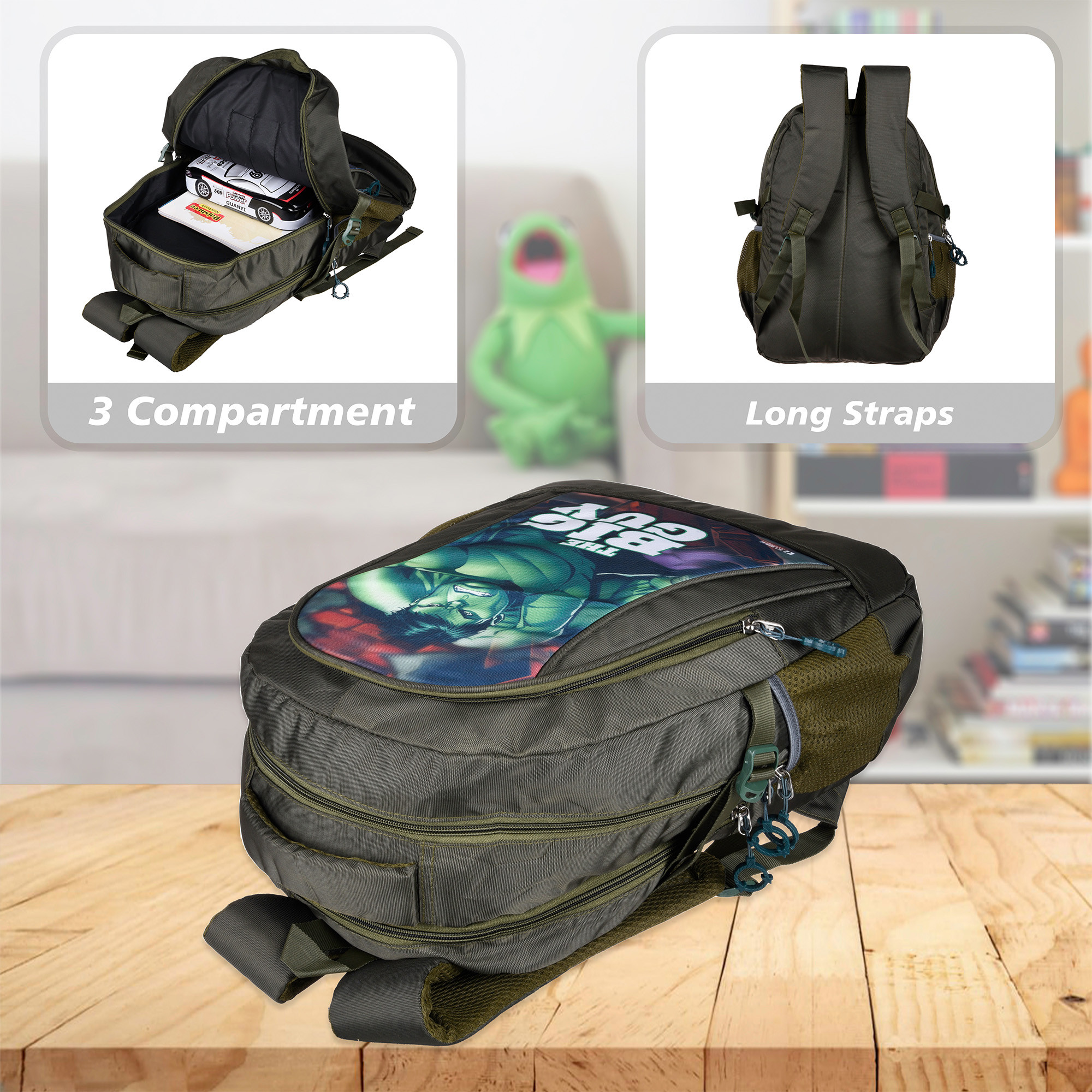 Kuber Industries Marvel The Big Guy Hulk School Bags  Kids School Bags  Student Bookbag  Travel Backpack  School Bag for Girls  Boys  School Bag with 3 Compartments  Green