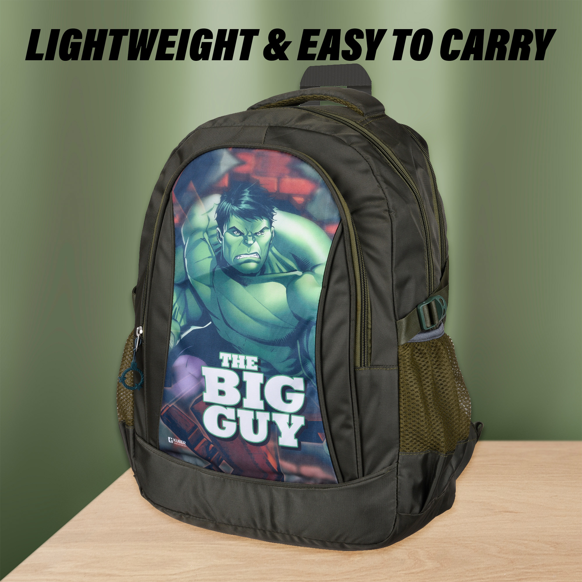 Kuber Industries Marvel The Big Guy Hulk School Bags | Kids School Bags | Student Bookbag | Travel Backpack | School Bag for Girls & Boys | School Bag with 3 Compartments | Green