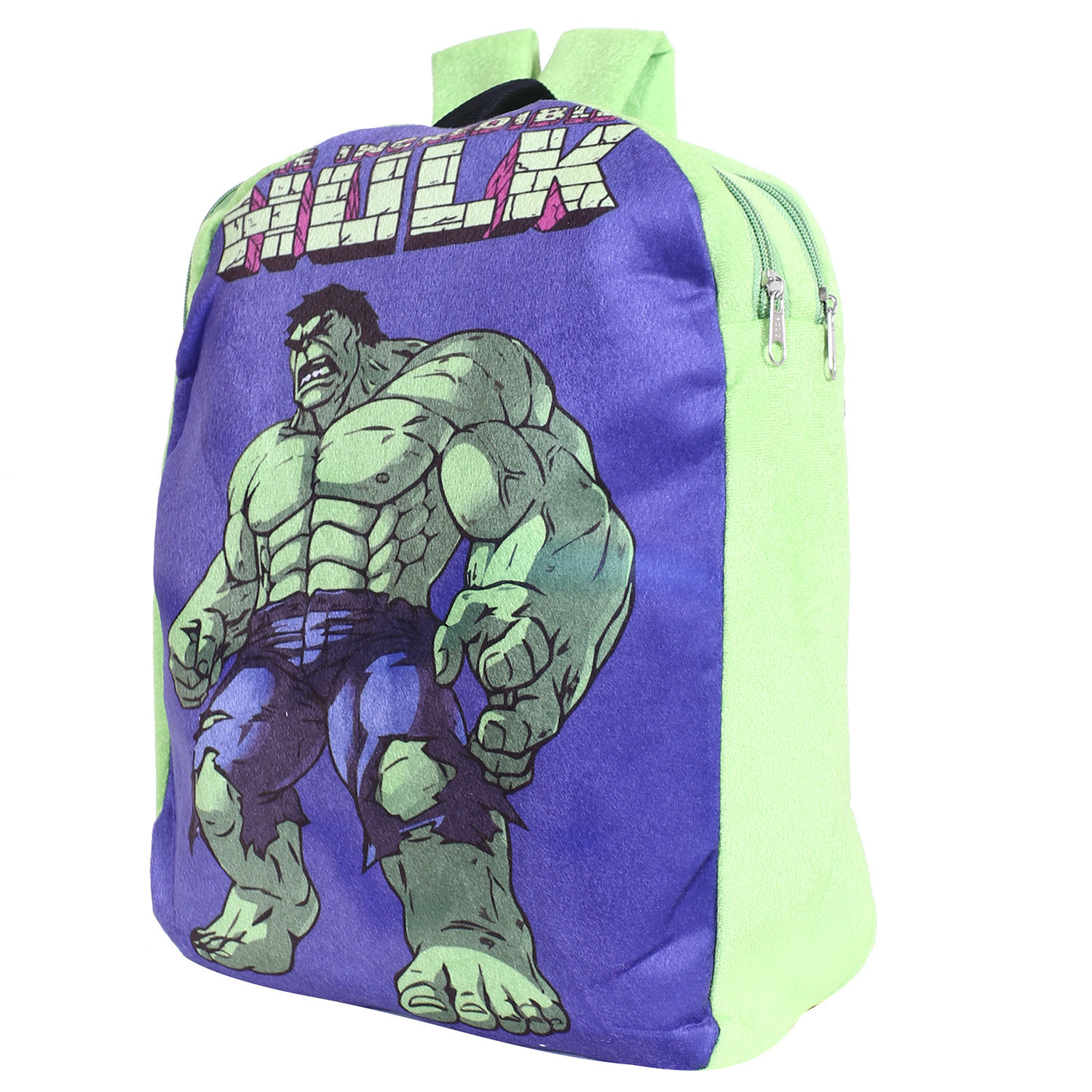 Kuber Industries Marvel The Incredible Hulk Plush Backpack|2 Compartment Velvet School Bag|Durable Toddler Haversack For Travel,School with Zipper Closure (Green)