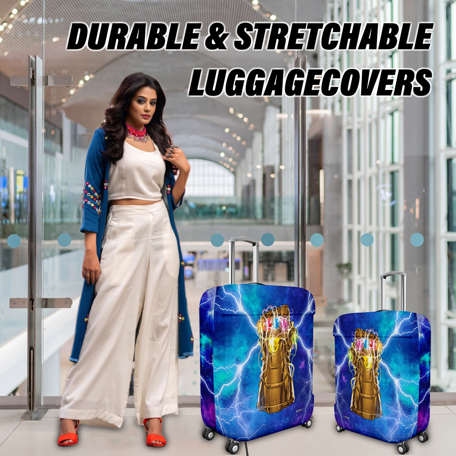 Kuber Industries Marvel The Infinity Gauntlet Luggage Cover | Polyester Travel Suitcase Cover | Washable | Stretchable Suitcase Cover | 18-22 Inch-Small | 26-30 Inch-Large | Pack of 2 | Sky Blue
