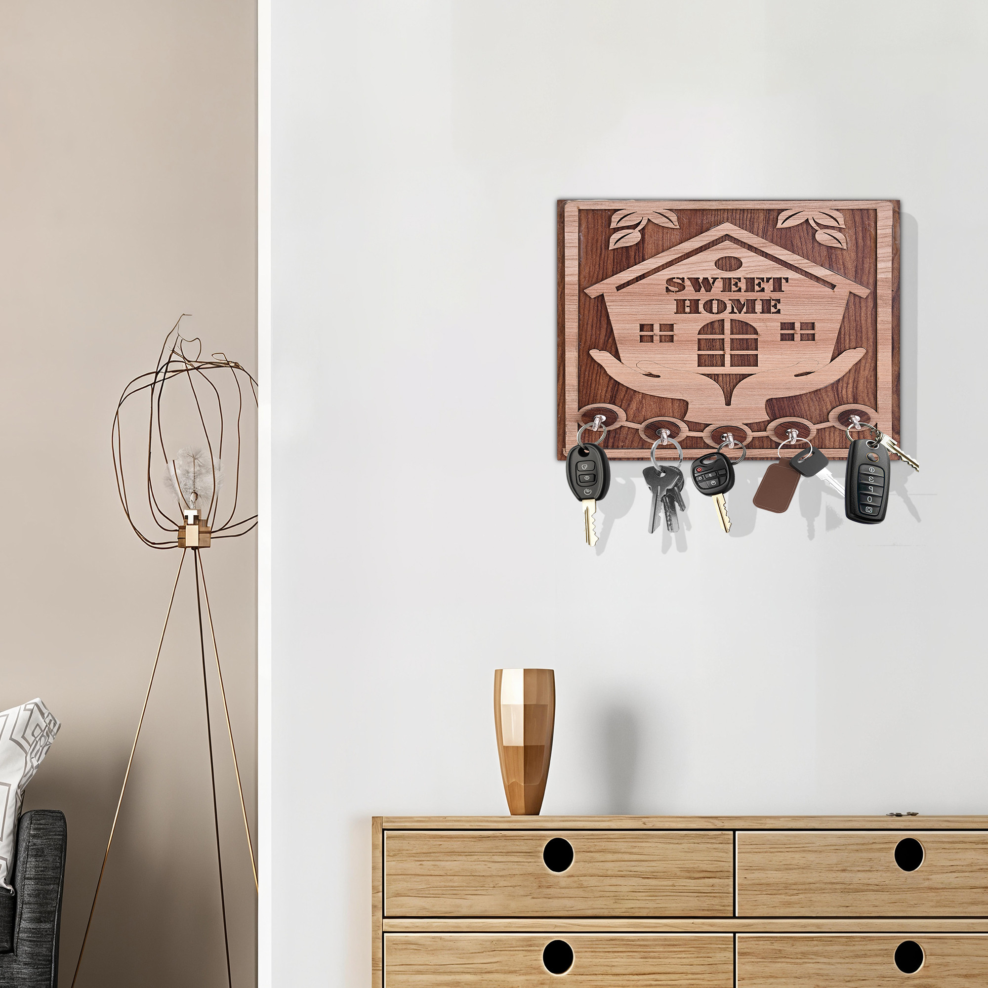 Kuber Industries MDF 5 Hooks Key Stand for Wall Hanging  Stylish  Unique Design Wooden Keychain HolderKey Hangers for Wall - Ideal for HomeOffice  Sweet Home - Dark  Light Brown