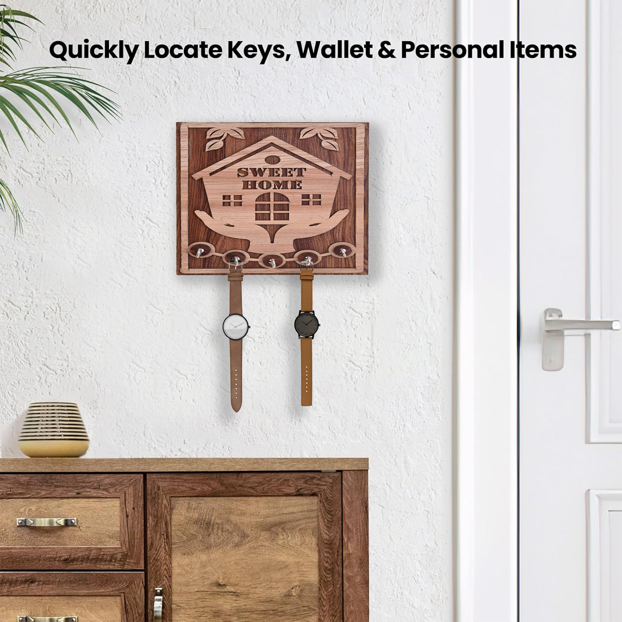 Kuber Industries MDF 5 Hooks Key Stand for Wall Hanging  Stylish  Unique Design Wooden Keychain HolderKey Hangers for Wall - Ideal for HomeOffice  Sweet Home - Dark  Light Brown