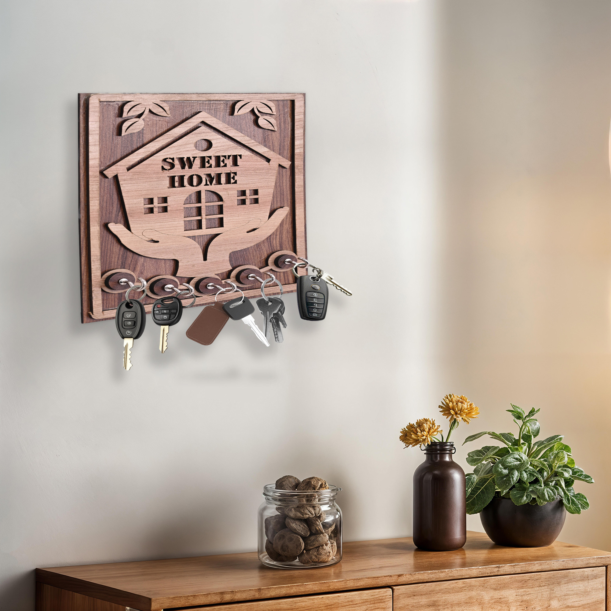 Kuber Industries MDF 5 Hooks Key Stand for Wall Hanging  Stylish  Unique Design Wooden Keychain HolderKey Hangers for Wall - Ideal for HomeOffice  Sweet Home - Dark  Light Brown