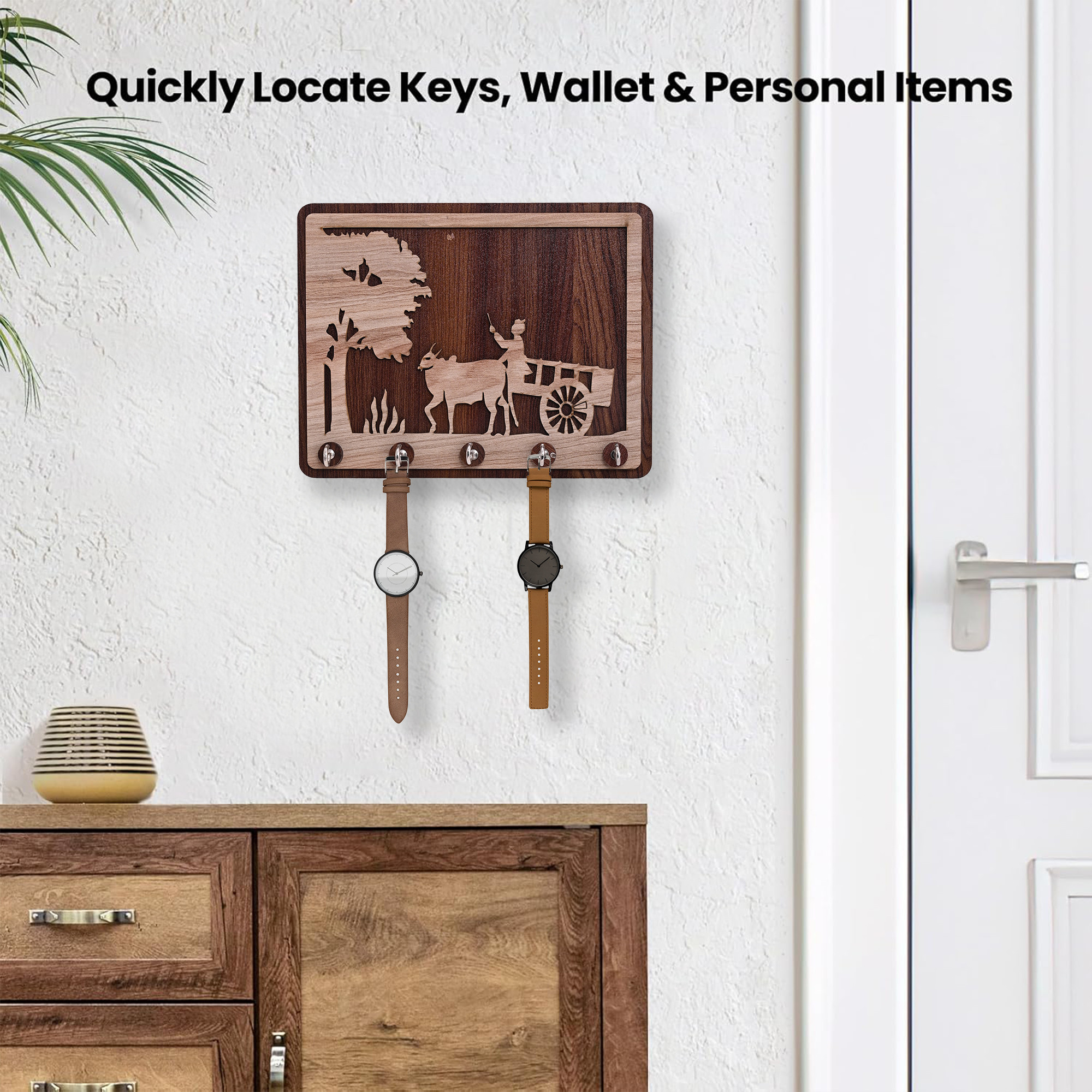 Kuber Industries MDF 5 Hooks Key Stand for Wall Hanging  Stylish  Unique Design Wooden Keychain HolderKey Hangers for Wall - Ideal for HomeOffice  Bullock Cart - Dark  Light Brown
