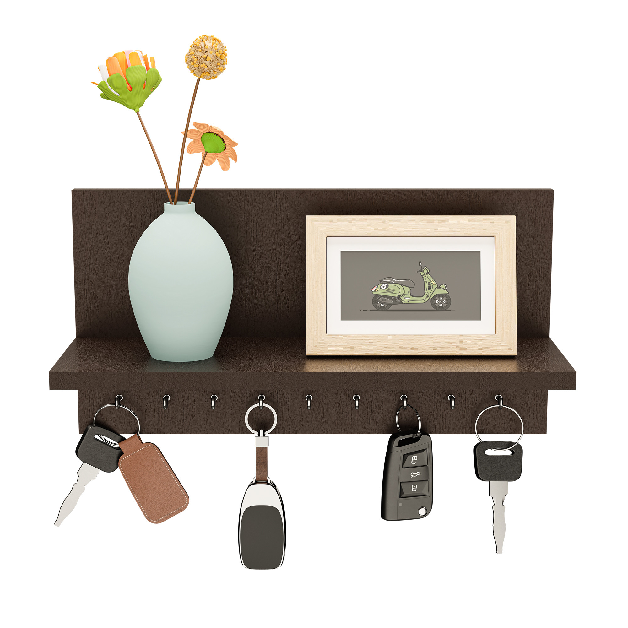 Kuber Industries Mdf Wooden Keychain Holder for Wall With 9 Hooks and Display Shelf Organizer  Key Holder for Home Decor Stylish  Modern Key Stand  Brown