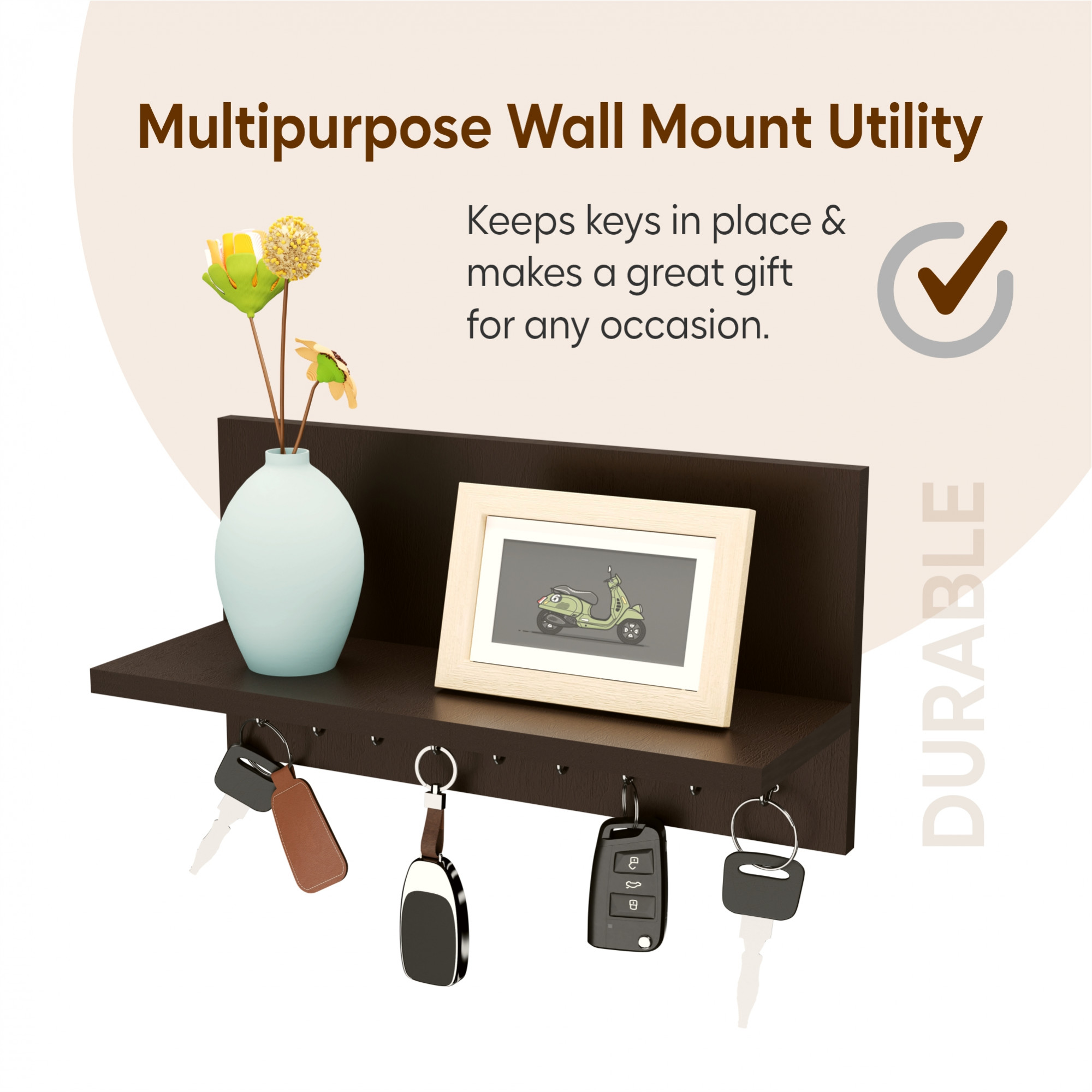 Kuber Industries Mdf Wooden Keychain Holder for Wall With 9 Hooks and Display Shelf Organizer  Key Holder for Home Decor Stylish  Modern Key Stand  Brown