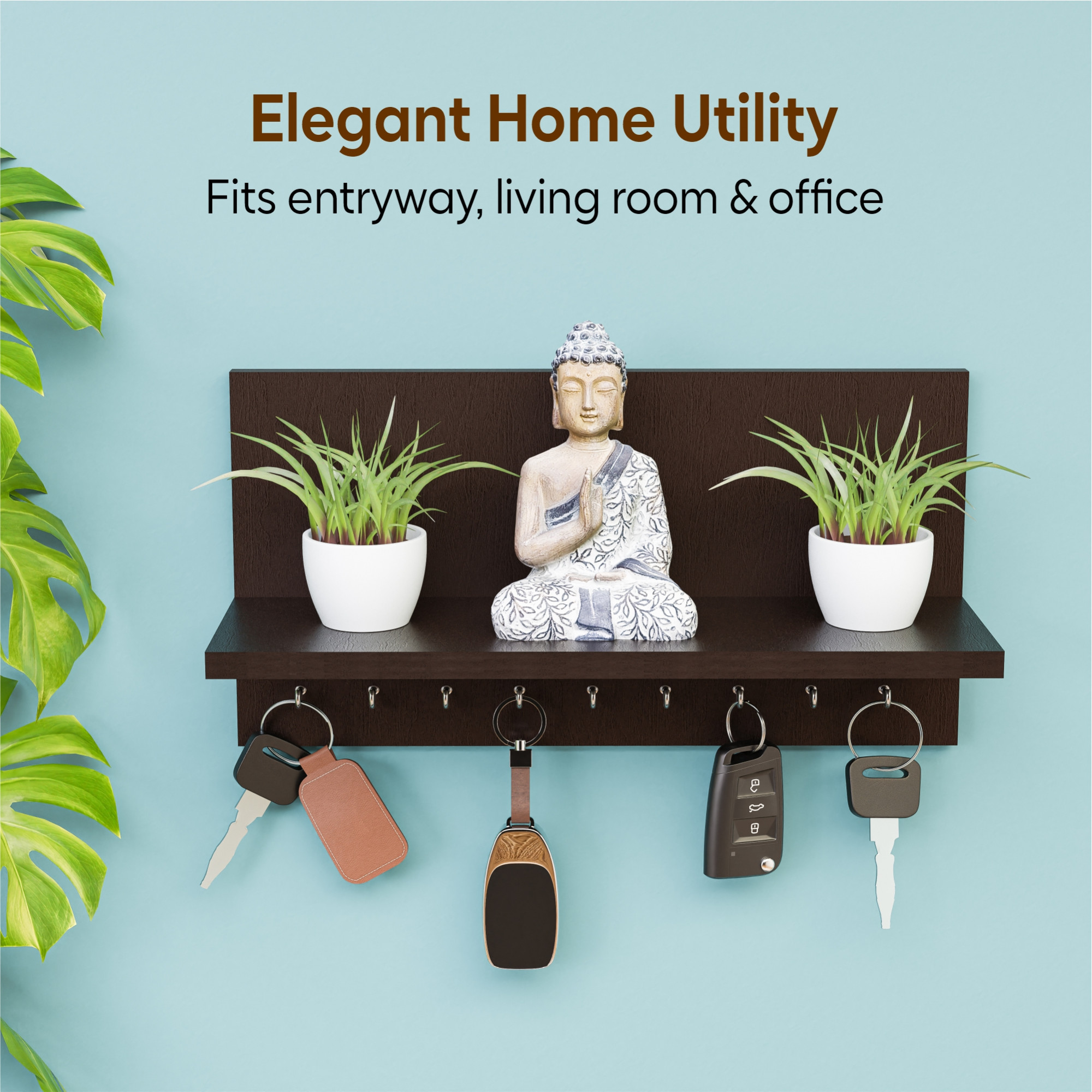 Kuber Industries Mdf Wooden Keychain Holder for Wall With 9 Hooks and Display Shelf Organizer  Key Holder for Home Decor Stylish  Modern Key Stand  Brown