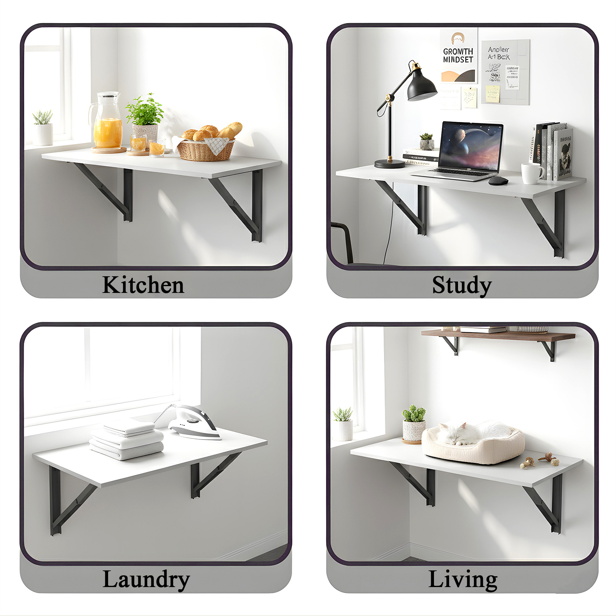 Kuber Industries MDF Wooden Wall Mount Table Foldable for Study Room and Office  Round Corner Wall Mounted Dining Table and Desk for Work  White