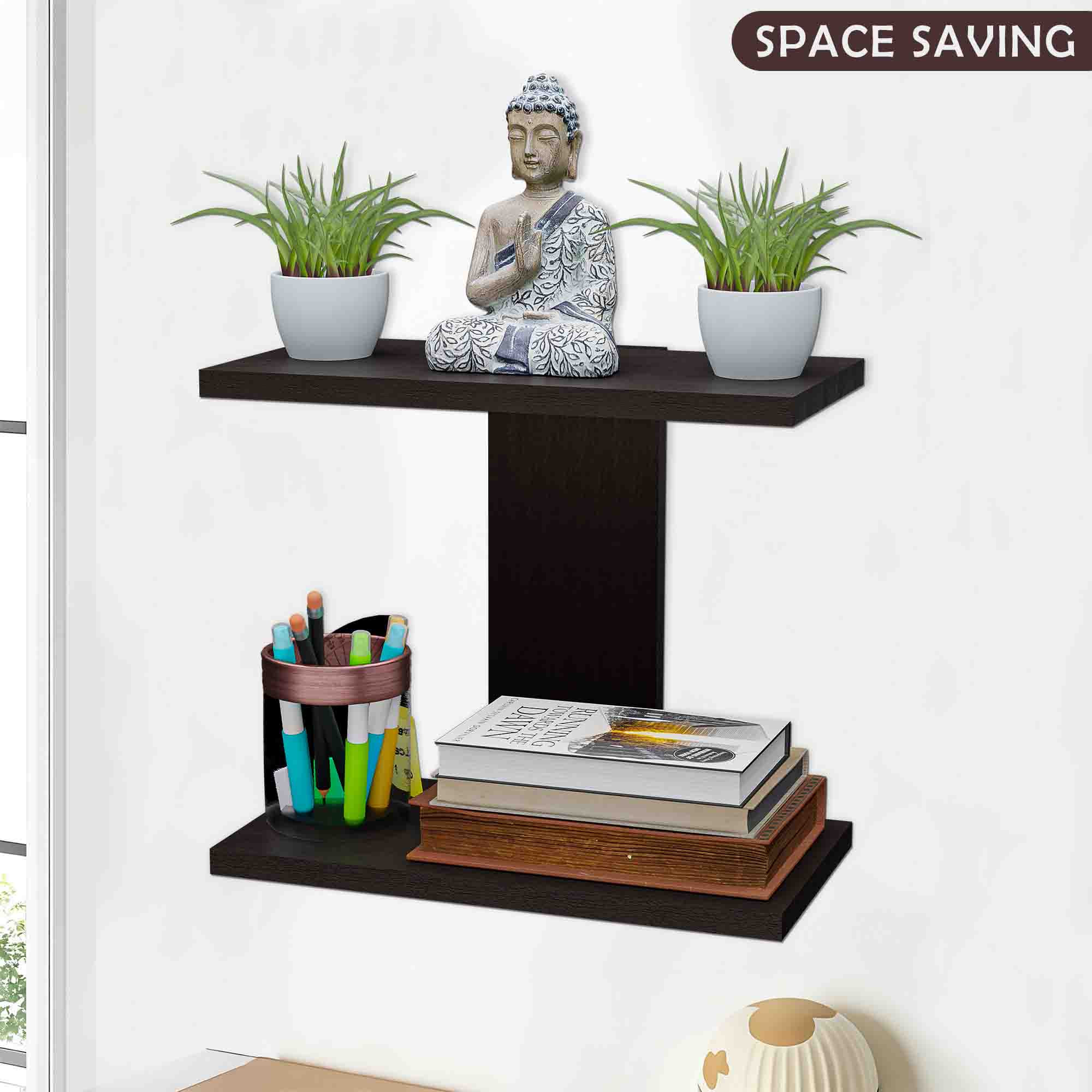 Kuber Industries Mdf Wooden Wall Rack Shelf  Floating Shelf for Bedroom  Multipurpose Display Unit for Living Room  Wall Holder Stand for Home Decor  I Shape - Brown