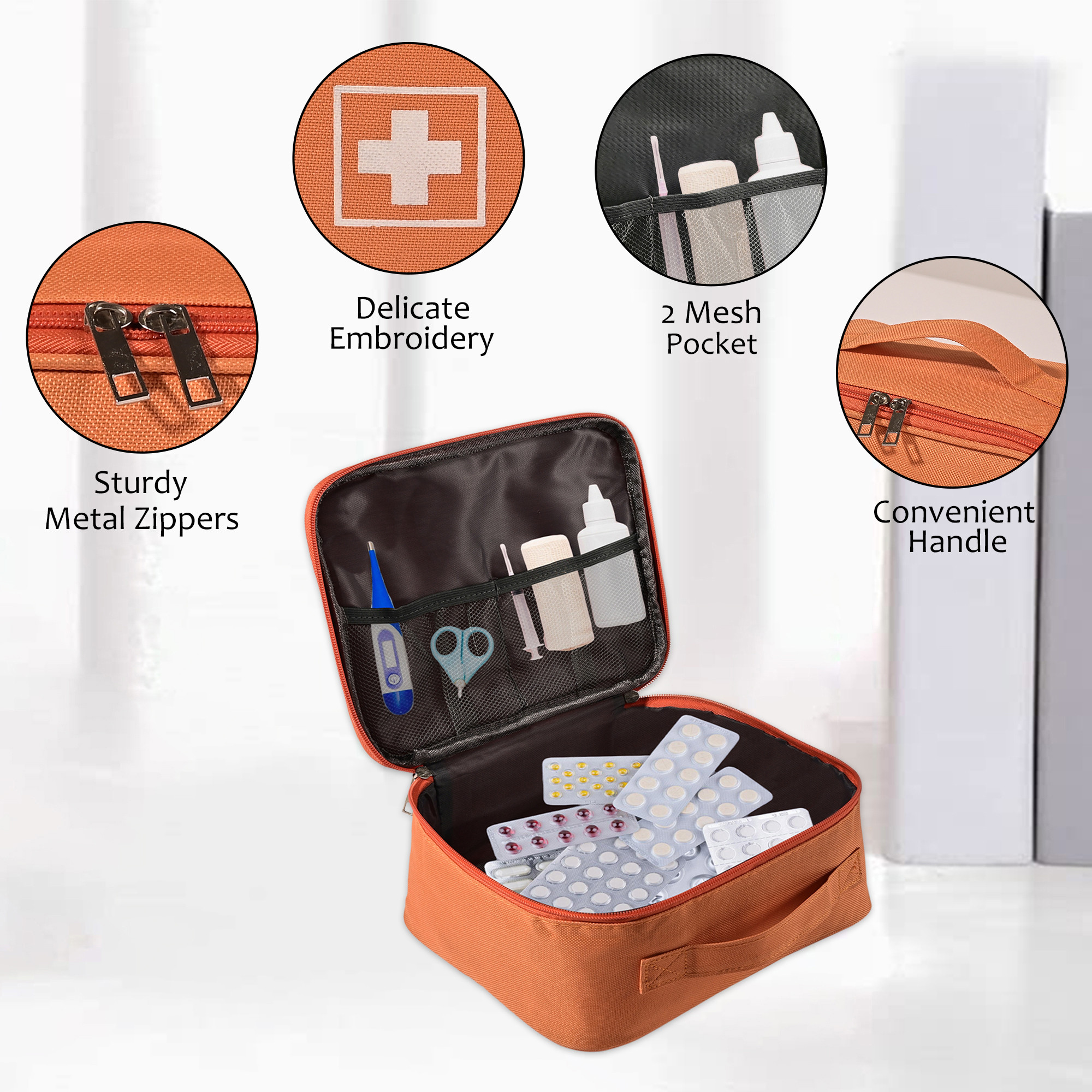 Kuber Industries Medicine Pouch for Travel  Empty First Aid Box for Home  Camping Survival Kit  Emergency Items Organizer  Travelling Medical Essentials Pouch  YJ-24-ORG  Orange