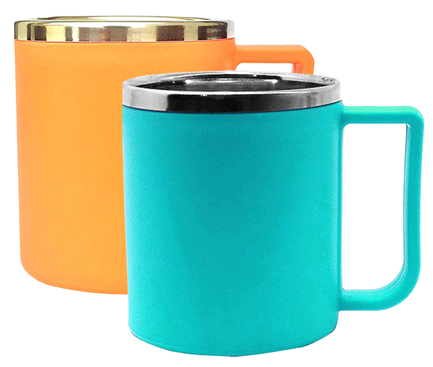 Kuber Industries Medium Size Plastic Steel Cups for Coffee Tea Cocoa, Camping Mugs with Handle, Portable & Easy Clean,(Green & Orange)
