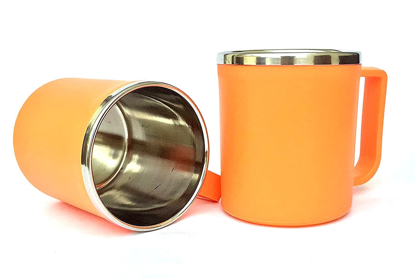 Kuber Industries Medium Size Plastic Steel Cups for Coffee Tea Cocoa, Camping Mugs with Handle, Portable & Easy Clean,(Green & Orange)