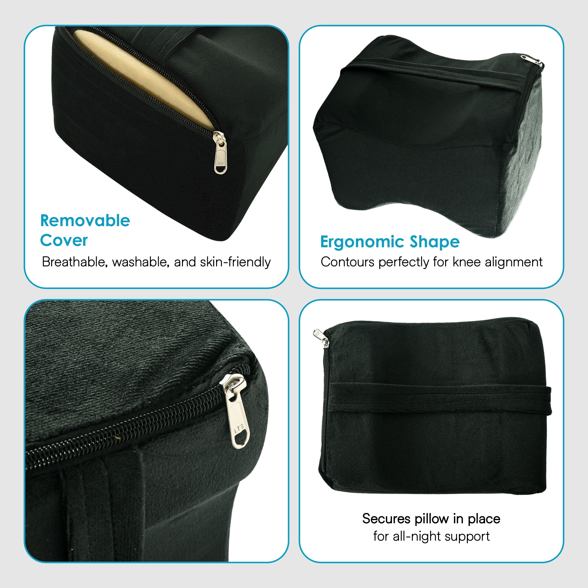 Kuber Industries Memory Foam Knock Knee Corrector with Zip  Leg Pillow for Sleeping  Knee Pillow for Side Sleep and Relief from Back Pain  Black