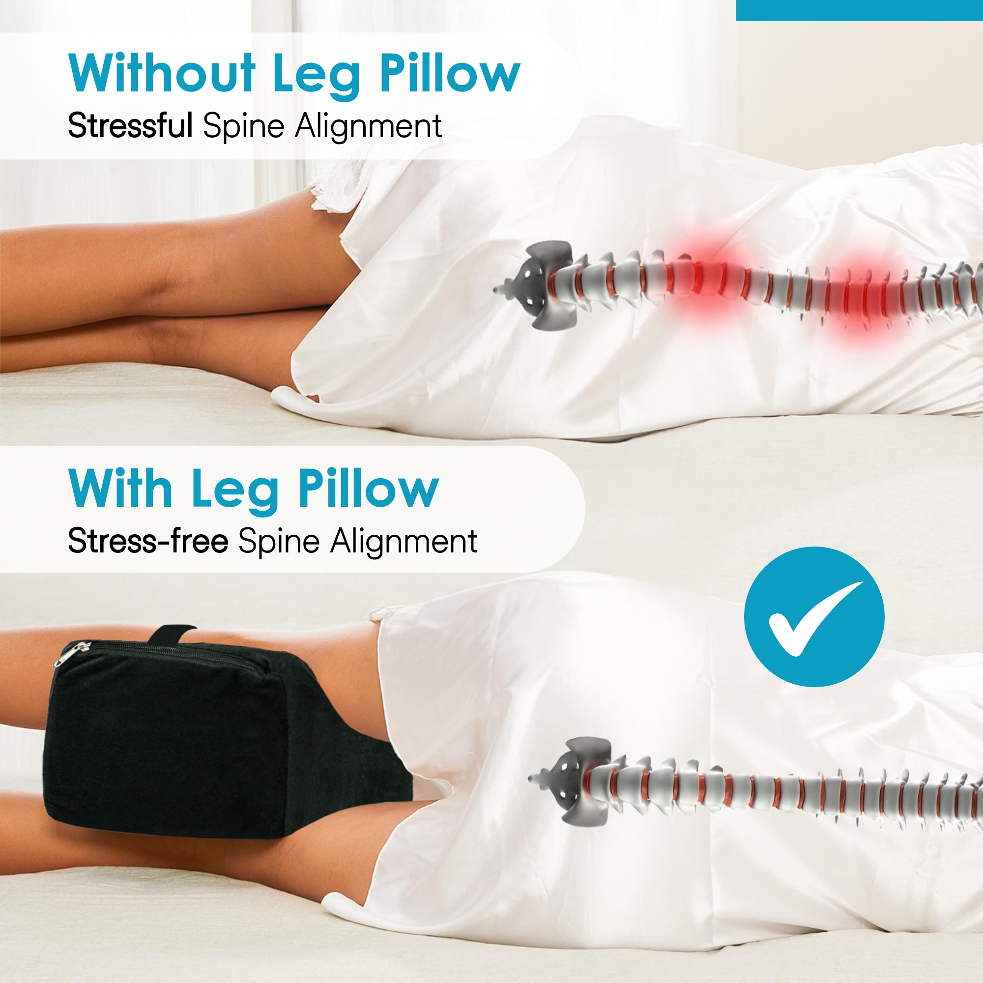 Kuber Industries Memory Foam Knock Knee Corrector with Zip  Leg Pillow for Sleeping  Knee Pillow for Side Sleep and Relief from Back Pain  Black