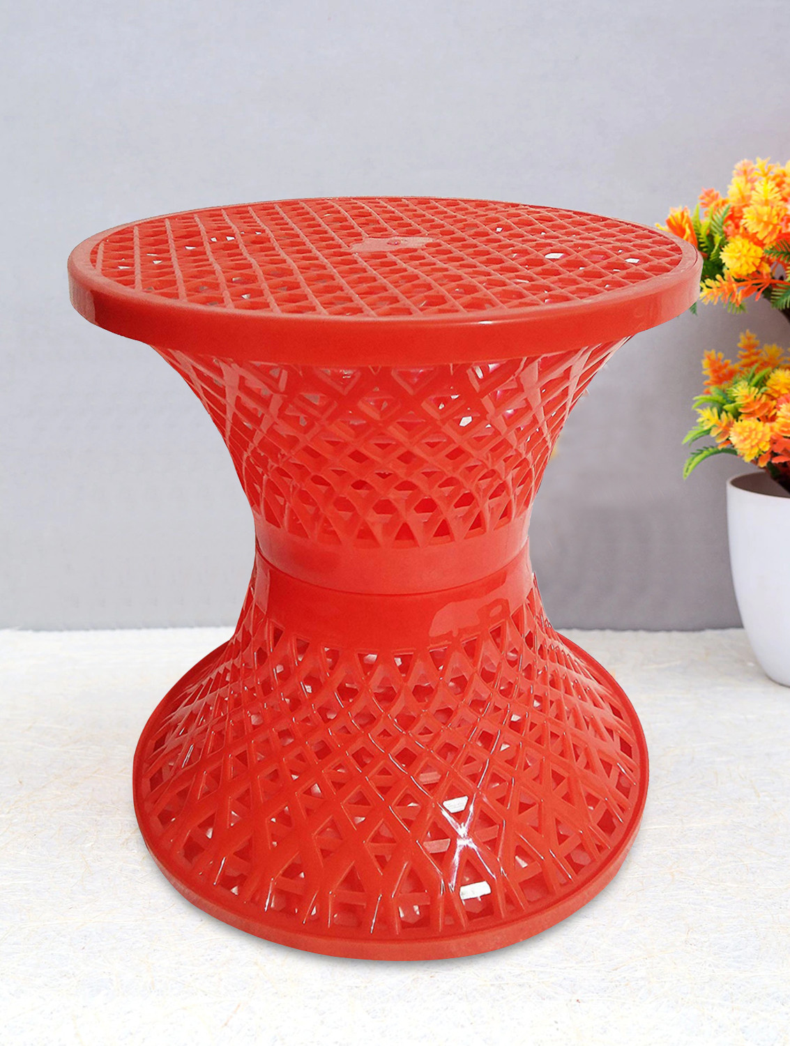 Kuber Industries Mesh Design Both Sided Plastic Sitting Stool, Planter Stand, Sidetable For Living Room, Bed Room, Garden in Damroo Style (Orange)