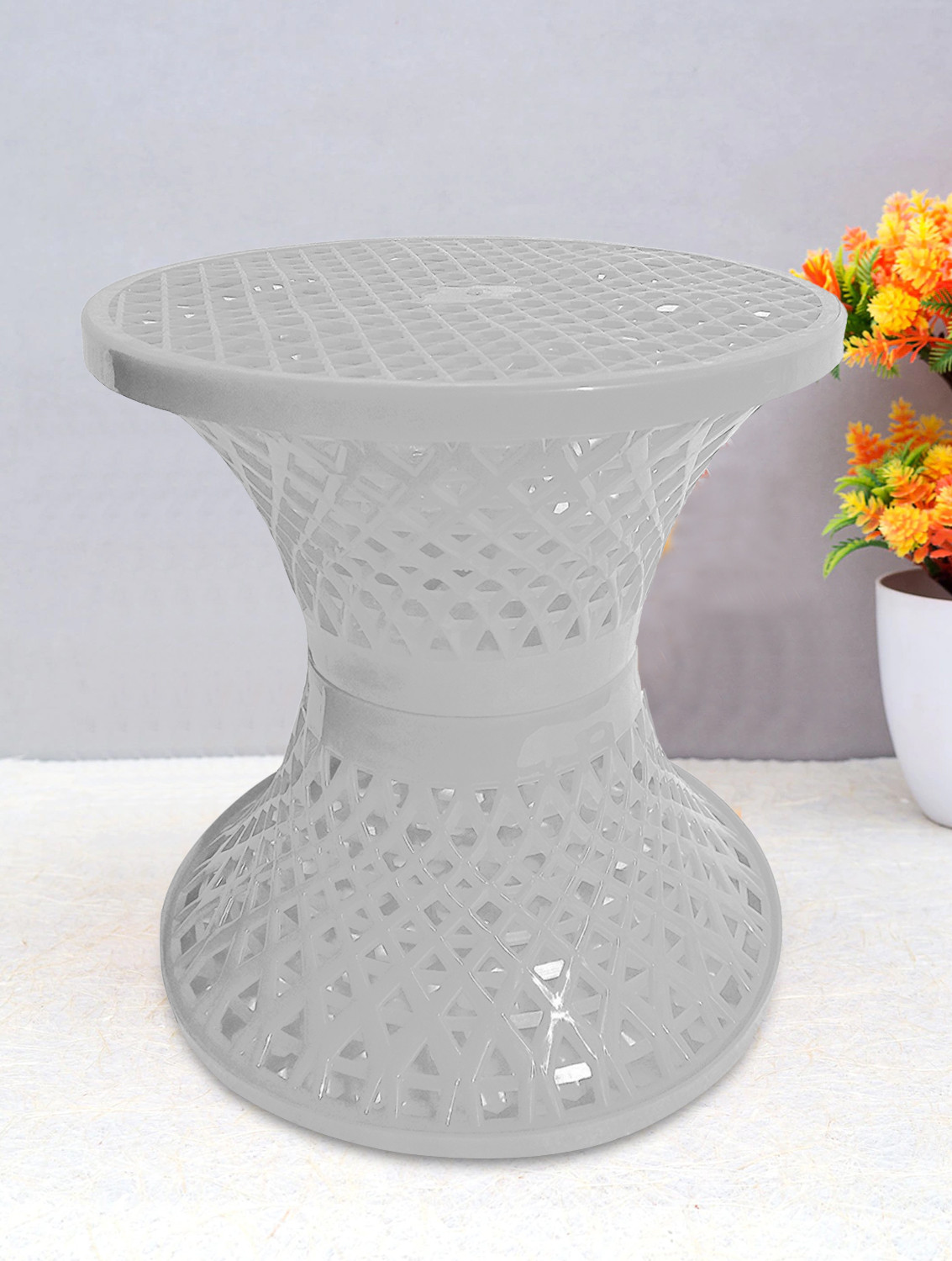 Kuber Industries Mesh Design Both Sided Plastic Sitting Stool, Planter Stand, Sidetable For Living Room, Bed Room, Garden in Damroo Style (White)