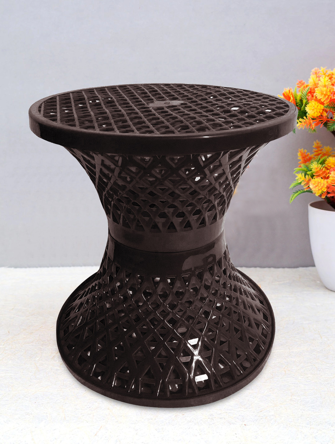 Kuber Industries Mesh Design Both Sided Plastic Sitting Stool, Planter Stand, Sidetable For Living Room, Bed Room, Garden in Damroo Style (Brown)