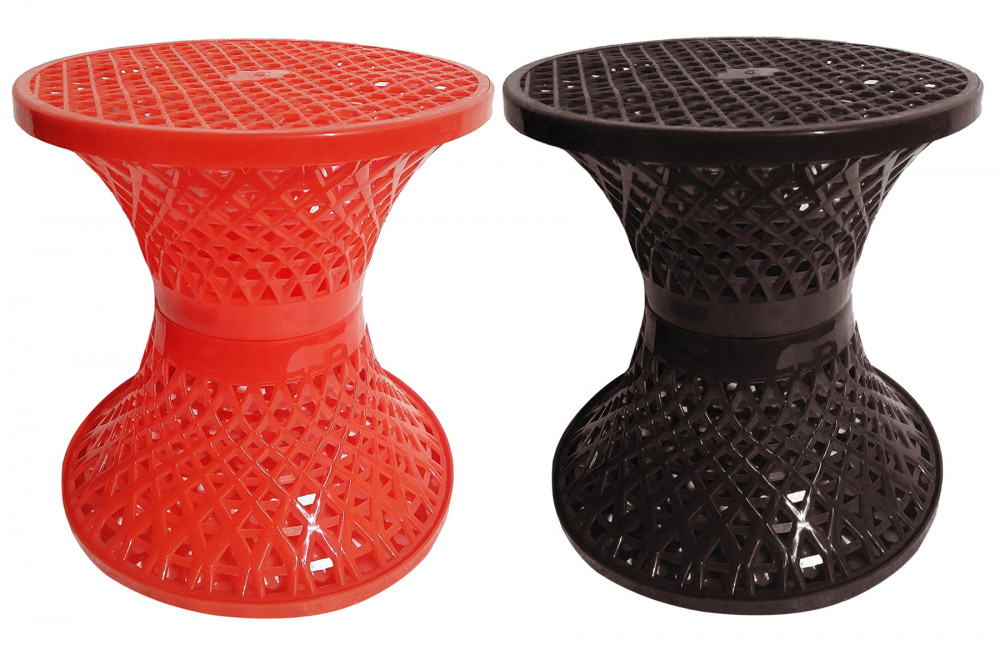 Kuber Industries Mesh Design Both Sided Plastic Sitting Stool, Planter Stand, Sidetable For Living Room, Bed Room, Garden in Damroo Style- Pack of 2 (Orange &amp; Brown)