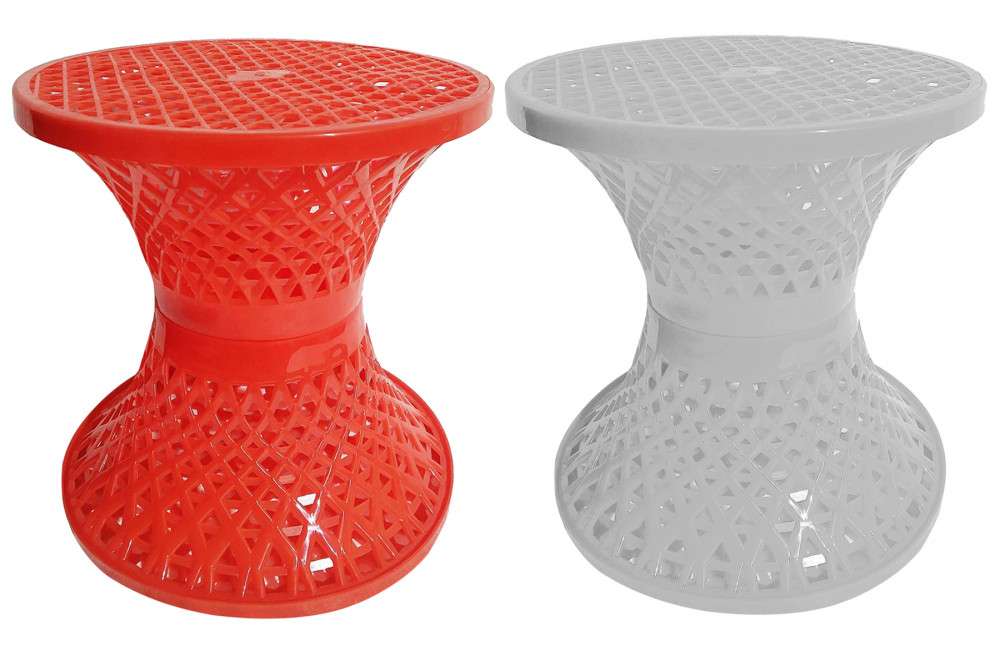 Kuber Industries Mesh Design Both Sided Plastic Sitting Stool, Planter Stand, Sidetable For Living Room, Bed Room, Garden in Damroo Style- Pack of 2 (Orange &amp; White)