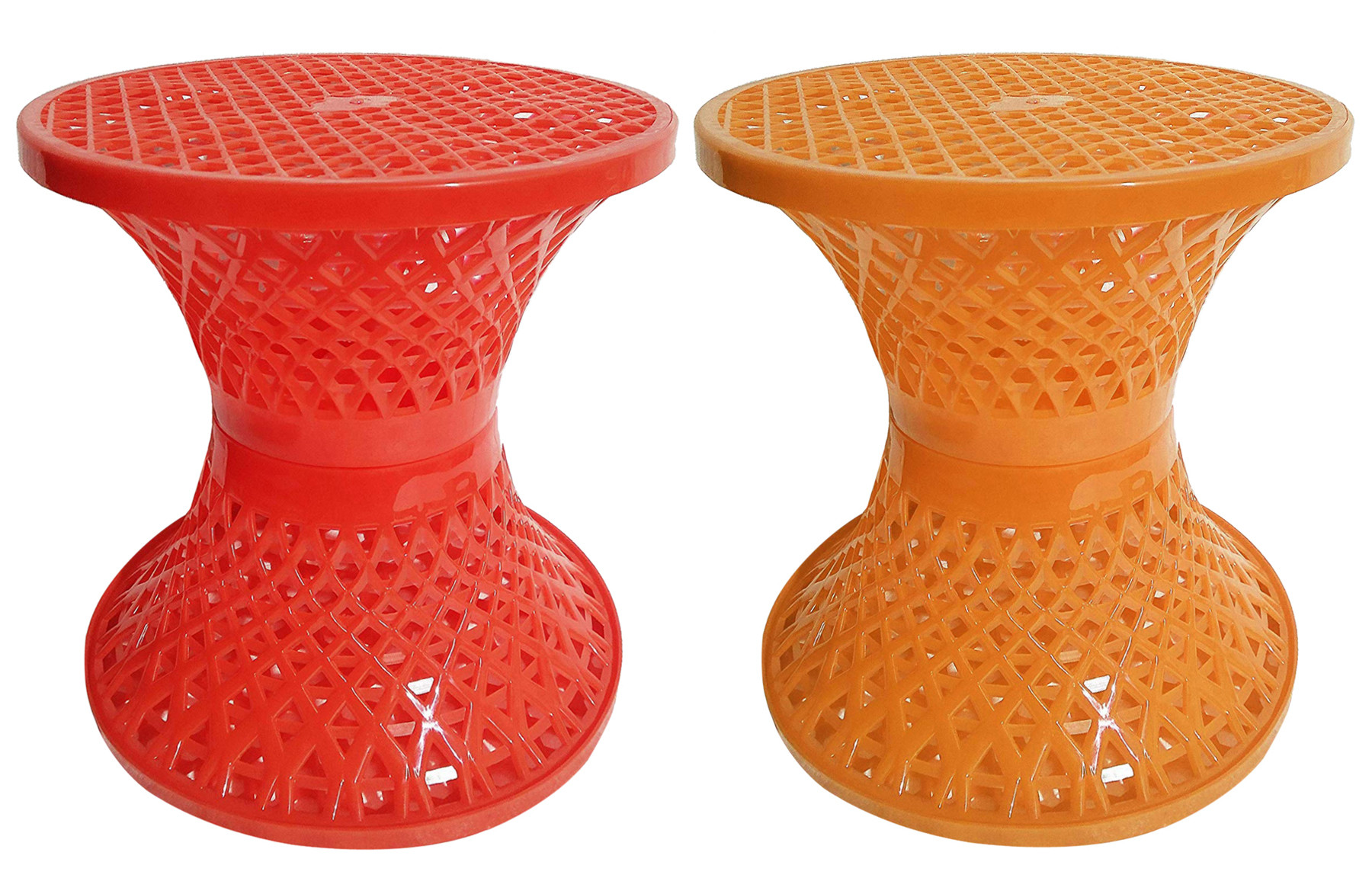 Kuber Industries Mesh Design Both Sided Plastic Sitting Stool, Planter Stand, Sidetable For Living Room, Bed Room, Garden in Damroo Style- Pack of 2 (Orange & Yellow)