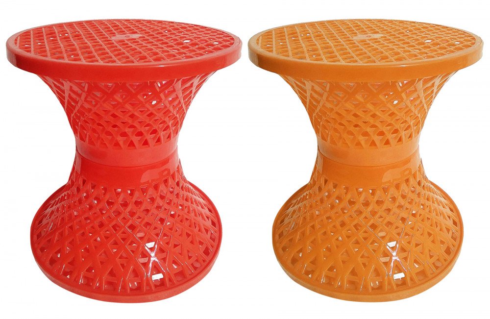 Kuber Industries Mesh Design Both Sided Plastic Sitting Stool, Planter Stand, Sidetable For Living Room, Bed Room, Garden in Damroo Style- Pack of 2 (Orange &amp; Yellow)