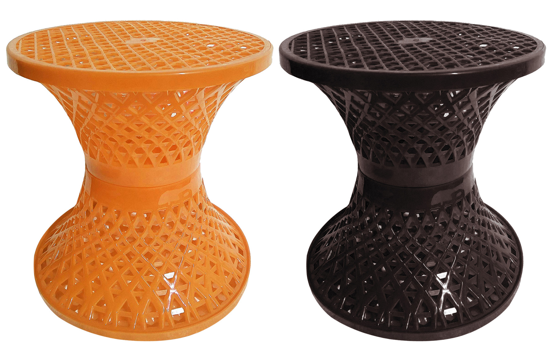 Kuber Industries Mesh Design Both Sided Plastic Sitting Stool, Planter Stand, Sidetable For Living Room, Bed Room, Garden in Damroo Style- Pack of 2 (Brown & Yellow)
