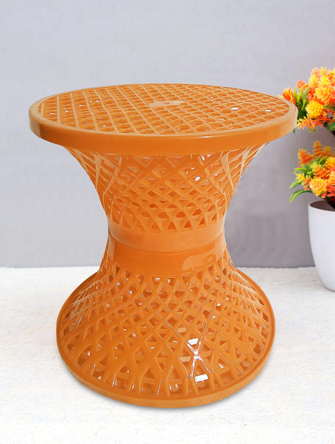 Kuber Industries Mesh Design Both Sided Plastic Sitting Stool, Planter Stand, Sidetable For Living Room, Bed Room, Garden in Damroo Style- Pack of 2 (Brown & Yellow)