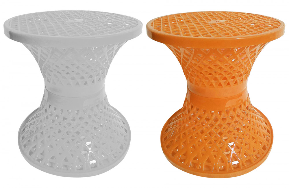Kuber Industries Mesh Design Both Sided Plastic Sitting Stool, Planter Stand, Sidetable For Living Room, Bed Room, Garden in Damroo Style- Pack of 2 (White &amp; Yellow)