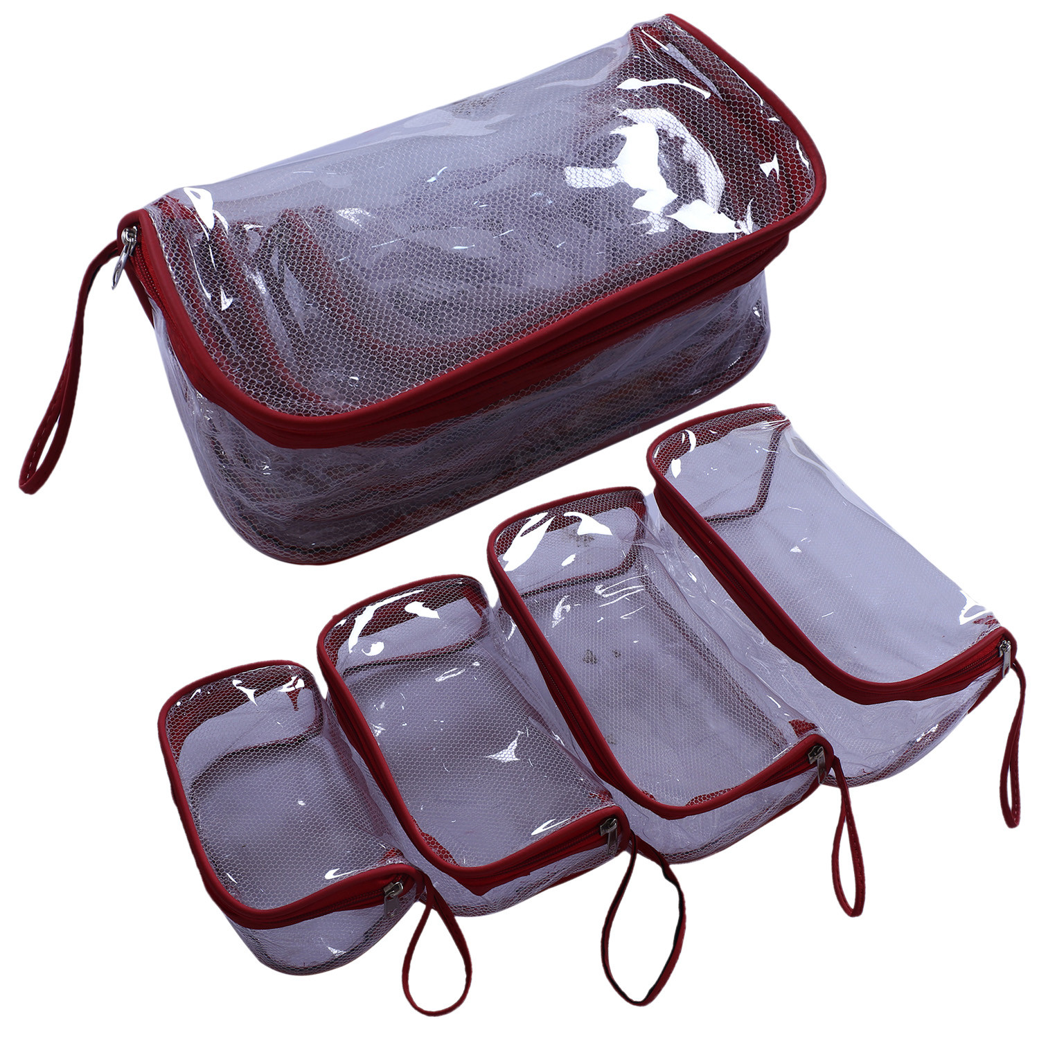Kuber Industries Mesh Net Laminated Transparent Jewellery Kit |Vanity Pouch For Home & Travel With Handle,1 Set of 4 Pouch (Red)