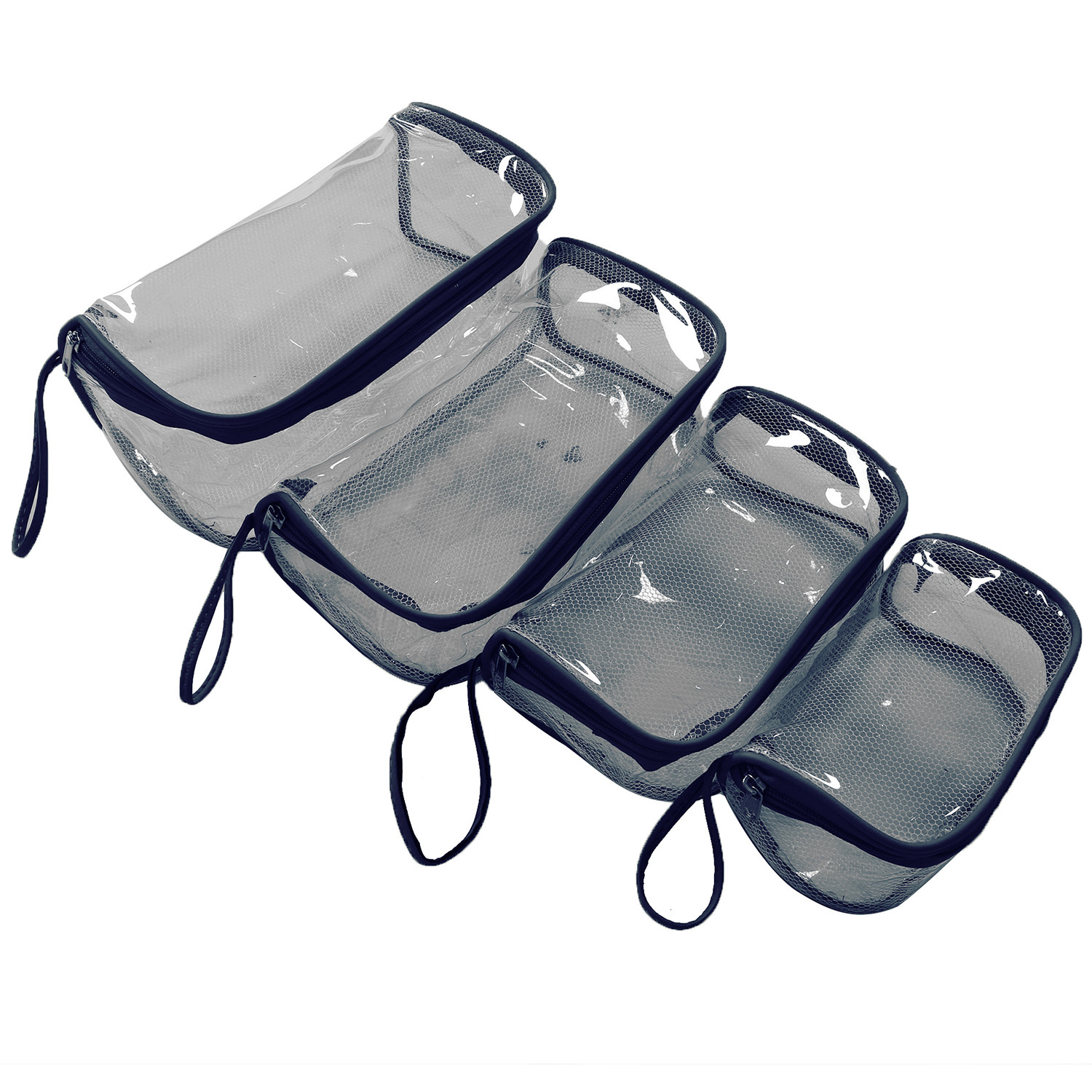 Kuber Industries Mesh Net Laminated Transparent Jewellery Kit |Vanity Pouch For Home & Travel With Handle,1 Set of 4 Pouch (Blue)
