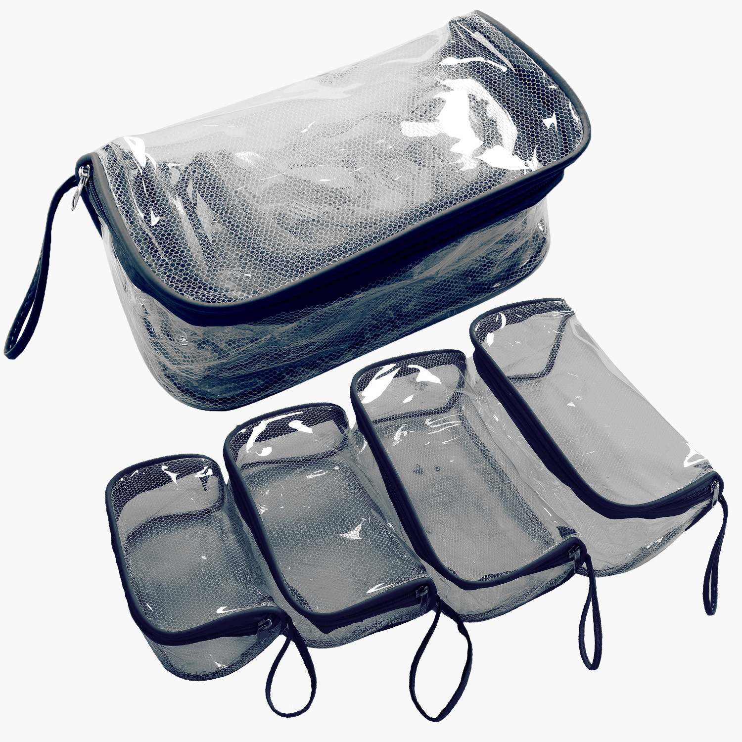 Kuber Industries Mesh Net Laminated Transparent Jewellery Kit |Vanity Pouch For Home & Travel With Handle,1 Set of 4 Pouch (Blue)