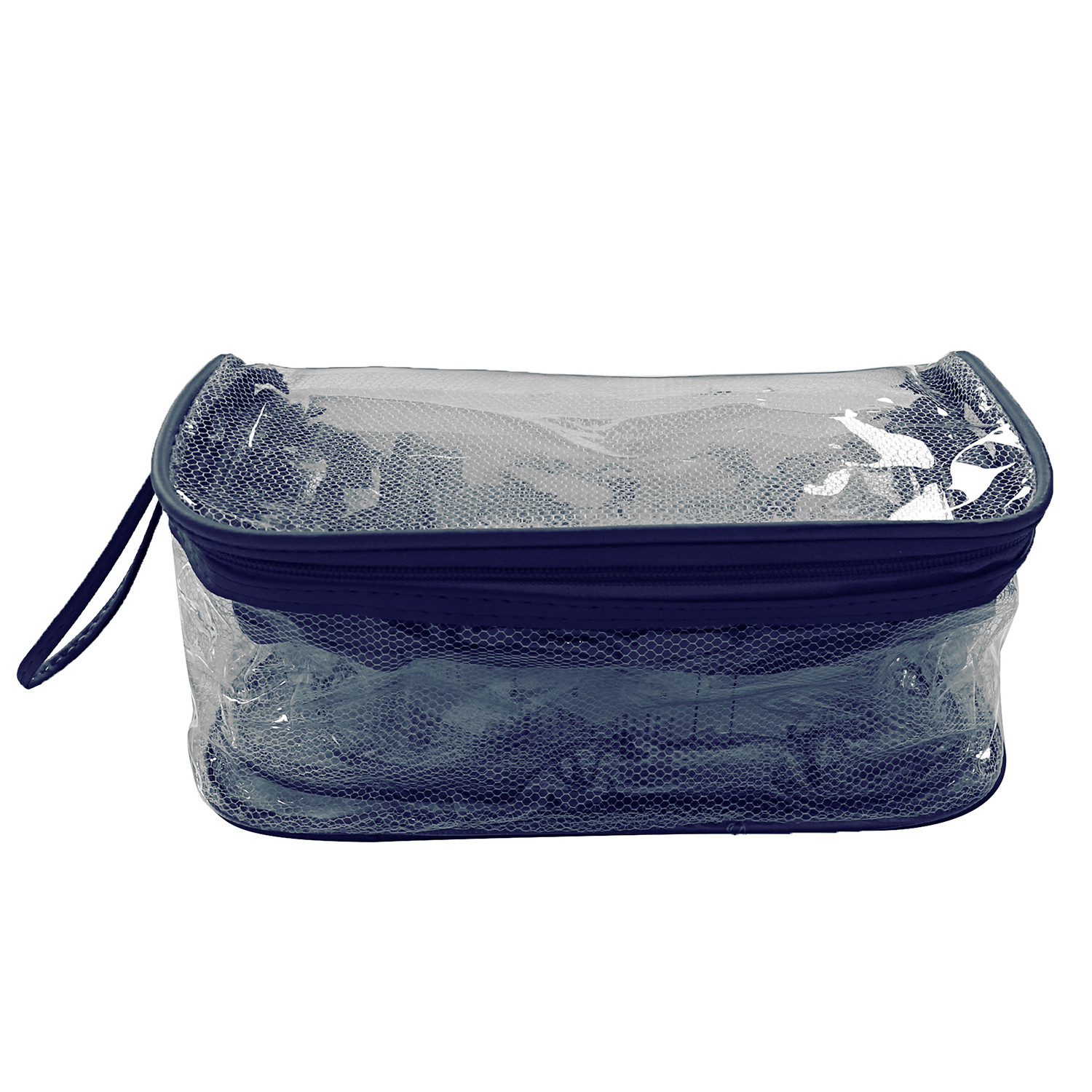 Kuber Industries Mesh Net Laminated Transparent Jewellery Kit |Vanity Pouch For Home & Travel With Handle,1 Set of 4 Pouch (Blue)