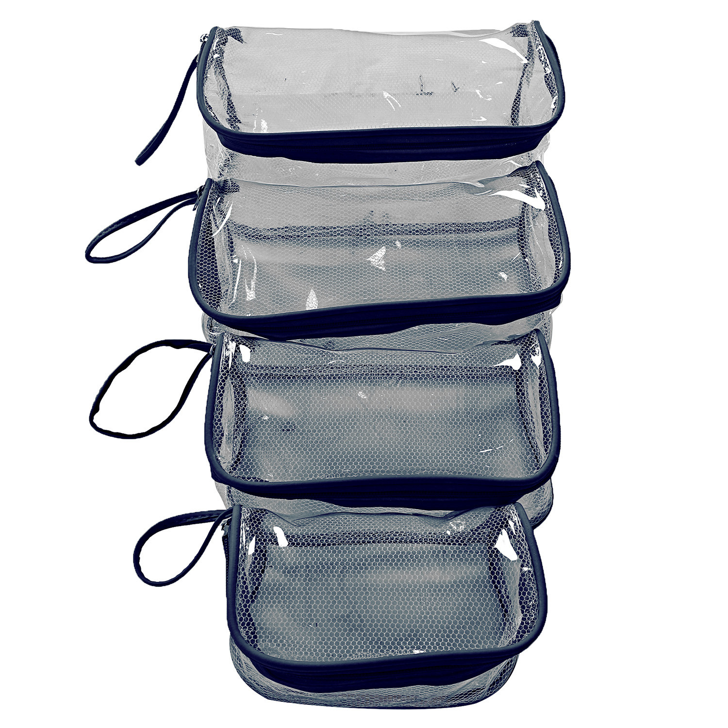 Kuber Industries Mesh Net Laminated Transparent Jewellery Kit |Vanity Pouch For Home & Travel With Handle,1 Set of 4 Pouch (Blue)