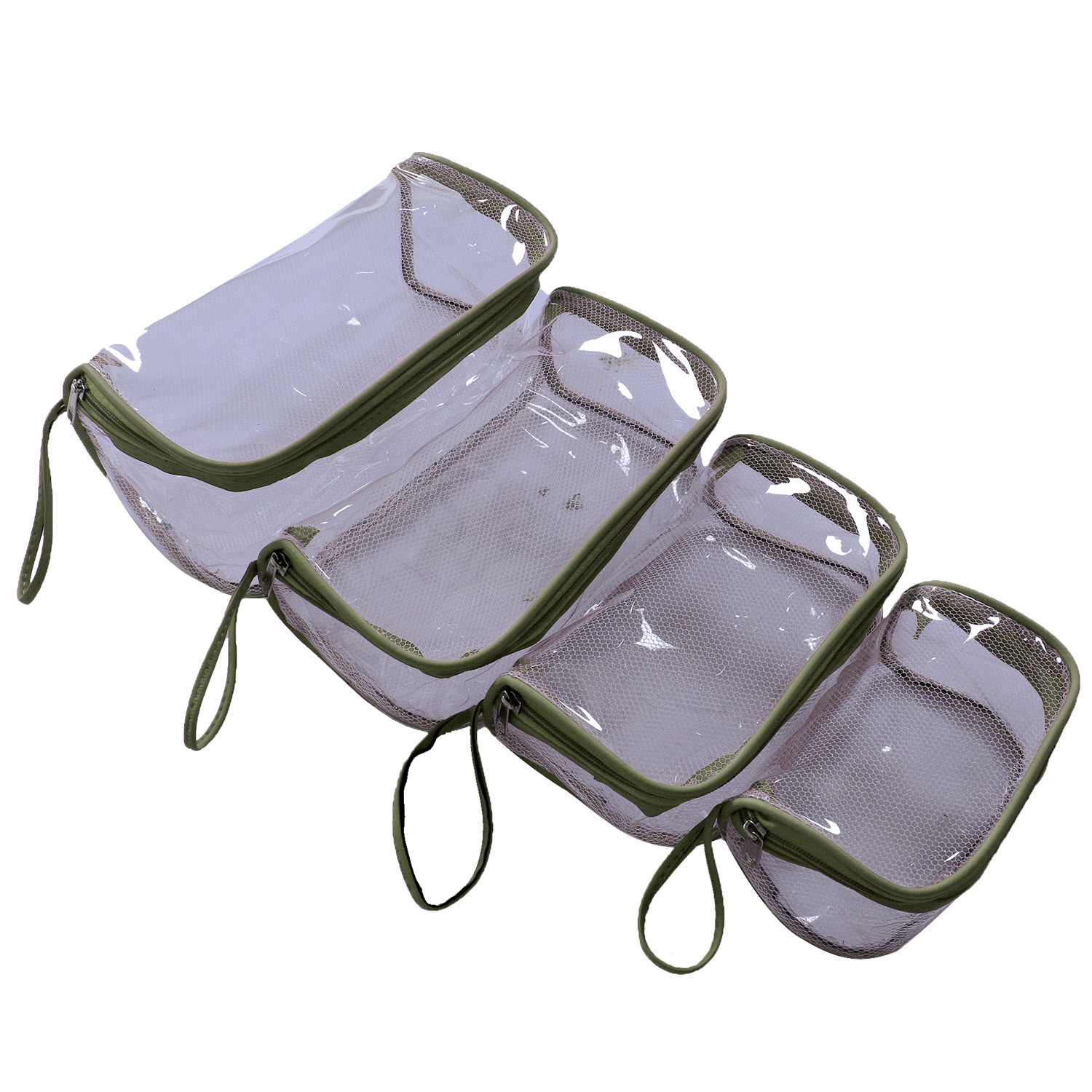 Kuber Industries Mesh Net Laminated Transparent Jewellery Kit |Vanity Pouch For Home & Travel With Handle,1 Set of 4 Pouch (Green)