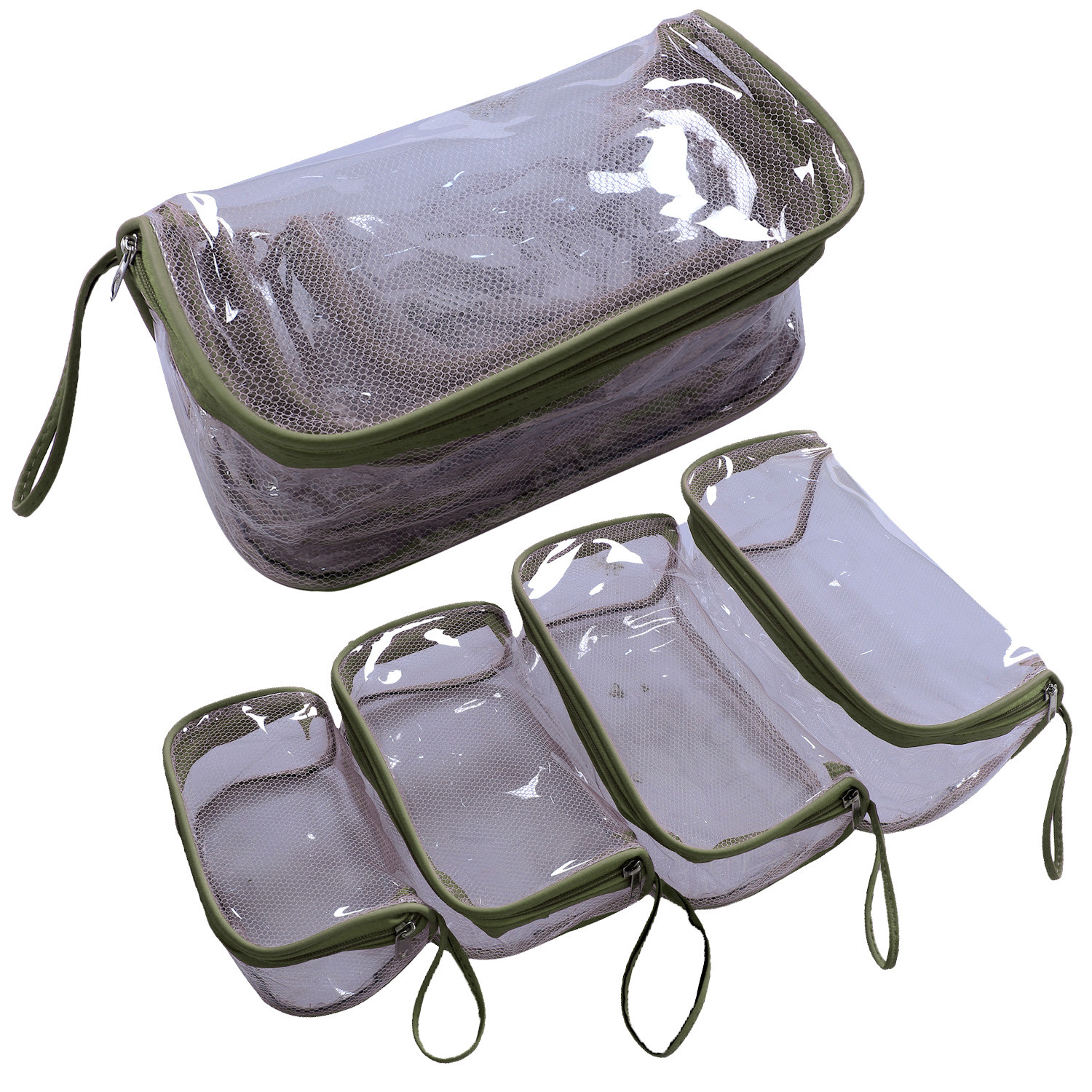 Kuber Industries Mesh Net Laminated Transparent Jewellery Kit |Vanity Pouch For Home & Travel With Handle,1 Set of 4 Pouch (Green)