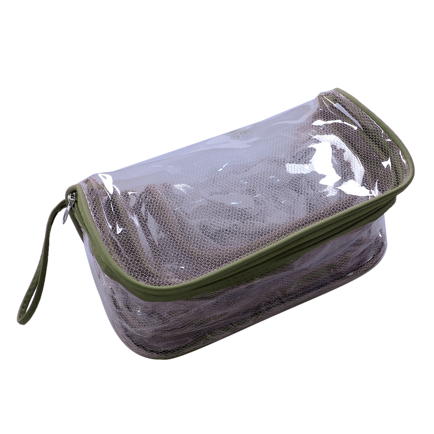 Kuber Industries Mesh Net Laminated Transparent Jewellery Kit |Vanity Pouch For Home & Travel With Handle,1 Set of 4 Pouch (Green)