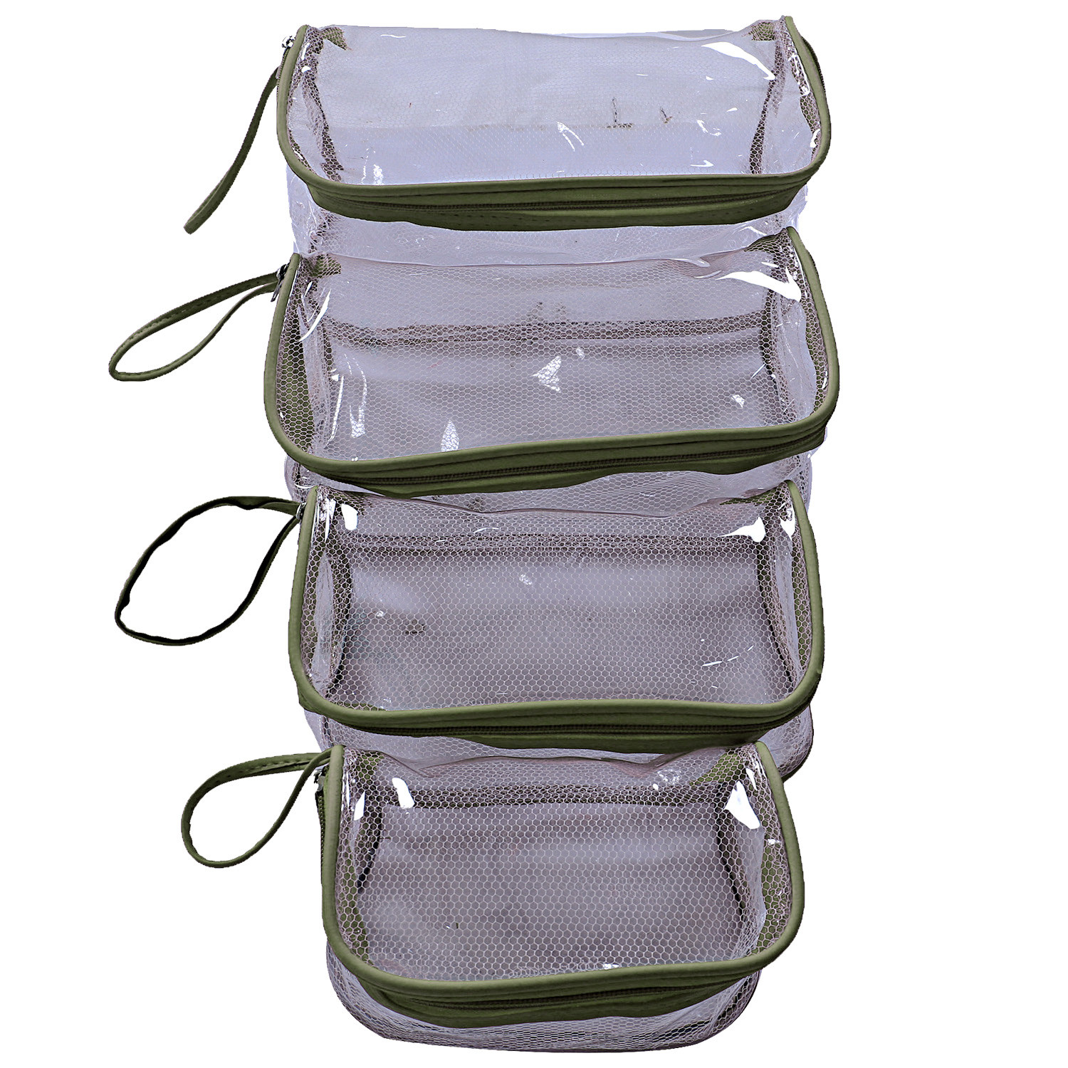 Kuber Industries Mesh Net Laminated Transparent Jewellery Kit |Vanity Pouch For Home & Travel With Handle,1 Set of 4 Pouch (Green)