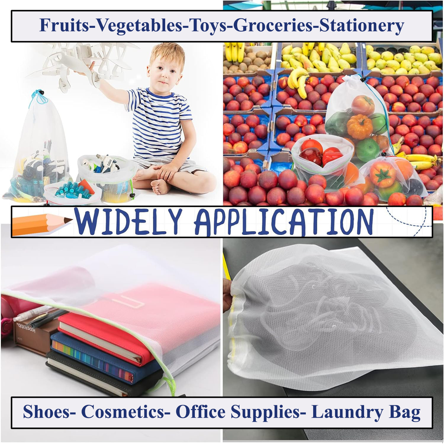 Kuber Industries Mesh Storage Bag | Reusable Mesh Bags | Carry Bags for Fruits-Vegetables-Toys-Groceries |Small-Medium-Large Travel Storage Bags |  White