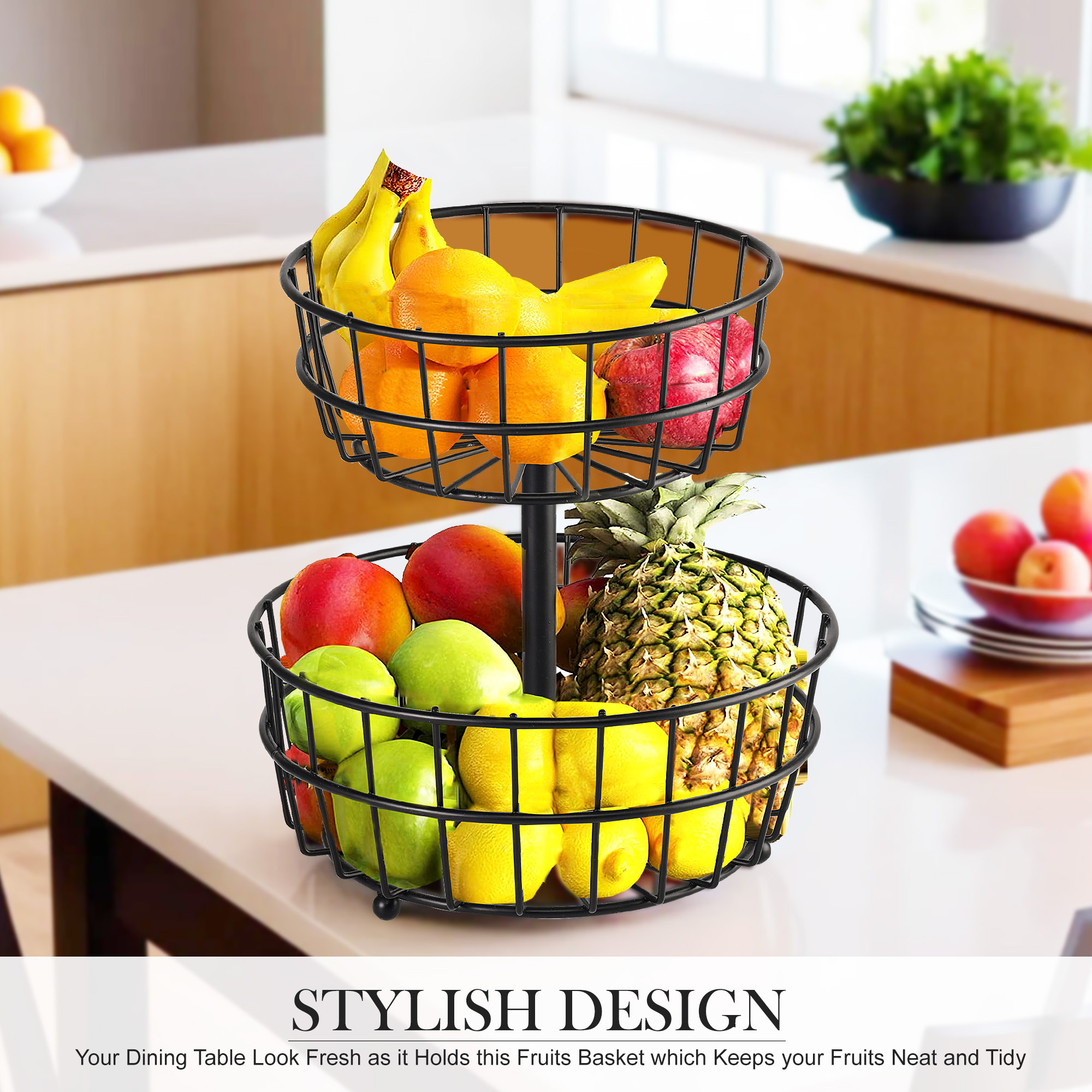 Kuber Industries Metal 2-Layer Basket Organizer for Kitchen - PyajOnion Storage Basket  Circular Countertop Side Stand  Black