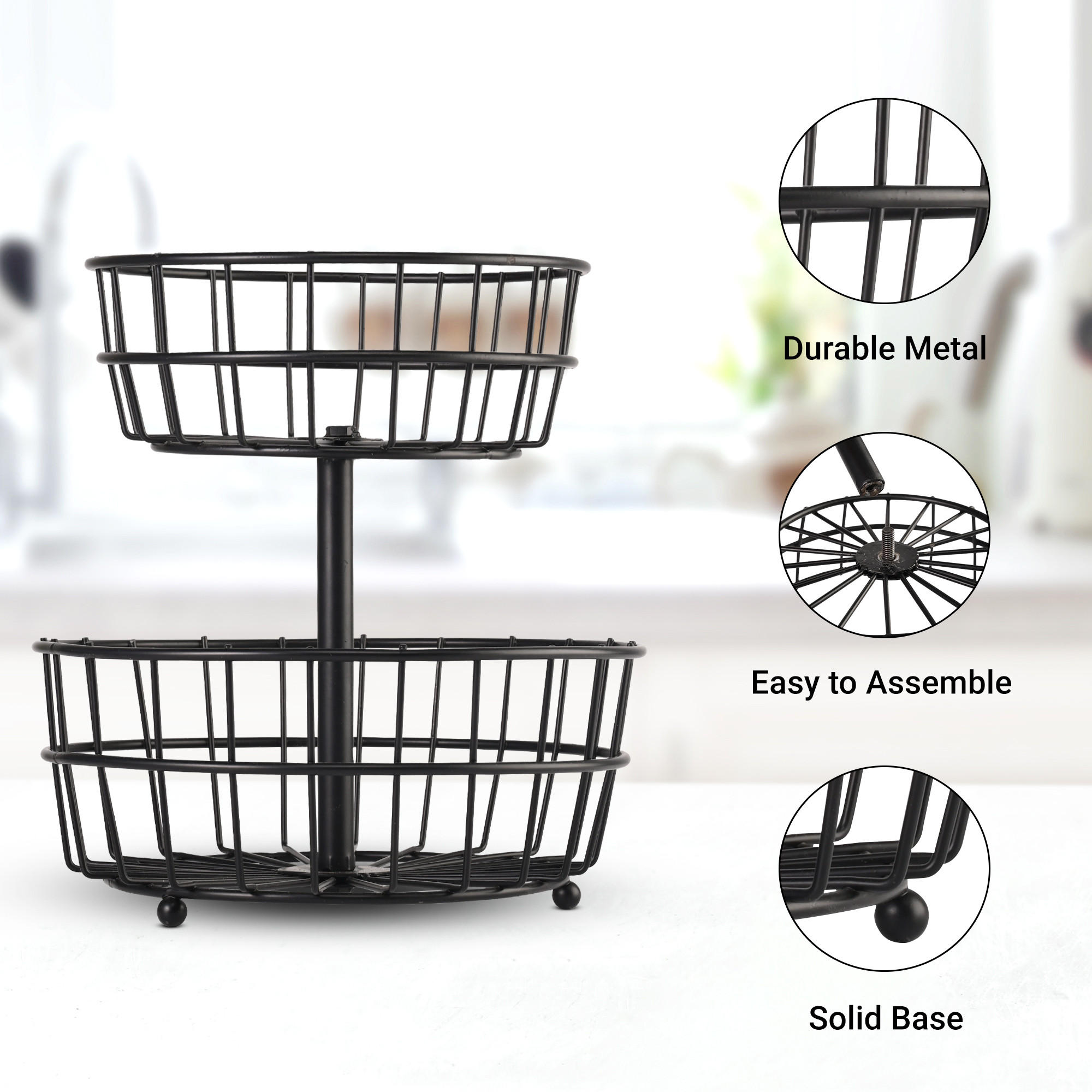 Kuber Industries Metal 2-Layer Basket Organizer for Kitchen - PyajOnion Storage Basket  Circular Countertop Side Stand  Black