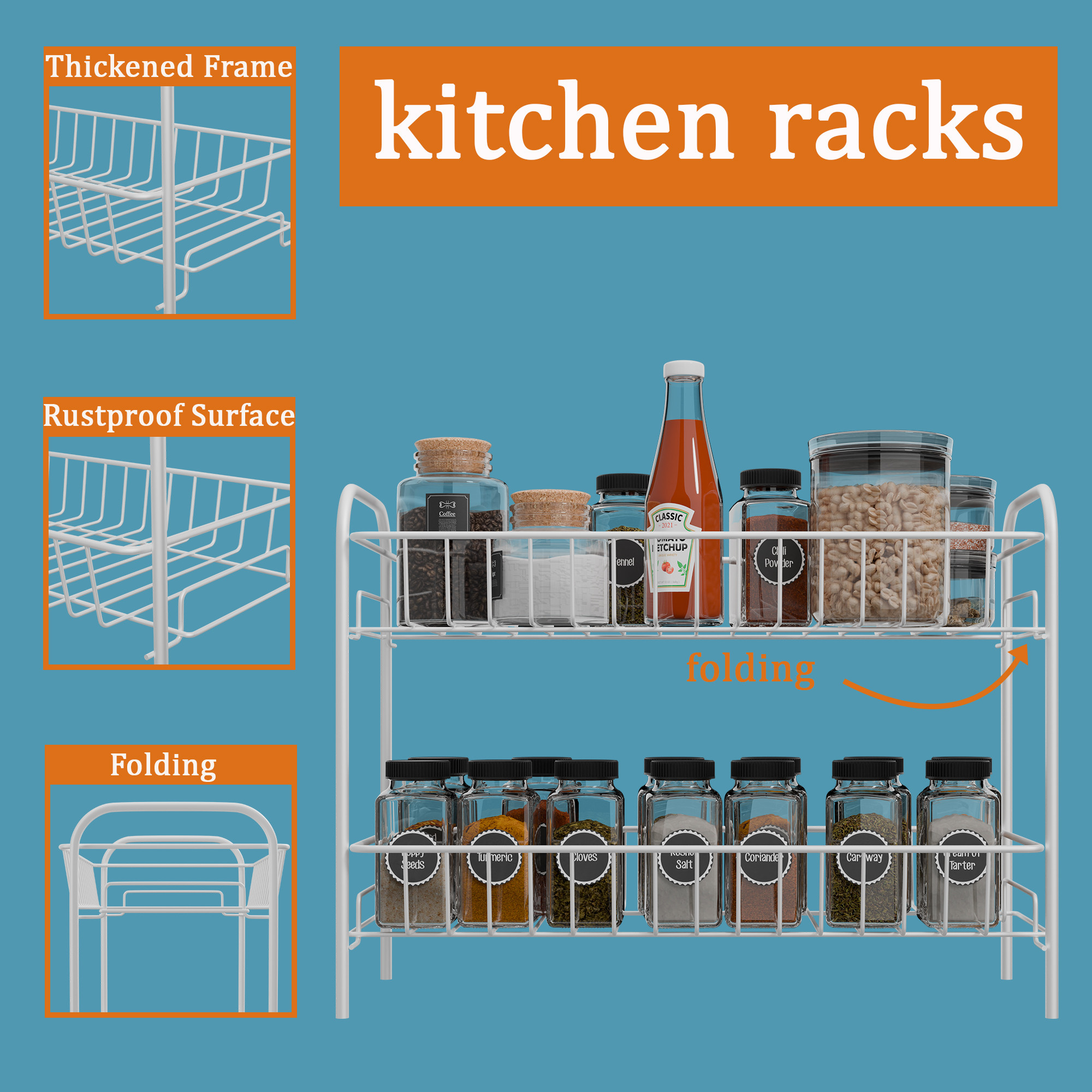 Kuber Industries Metal 2 Layer Kitchen Racks Organizer  Standing Rack for Storing Spices Pantry Storage Bathroom Floor and Cosmetic Items  Multipurpose Organiser Stand - White