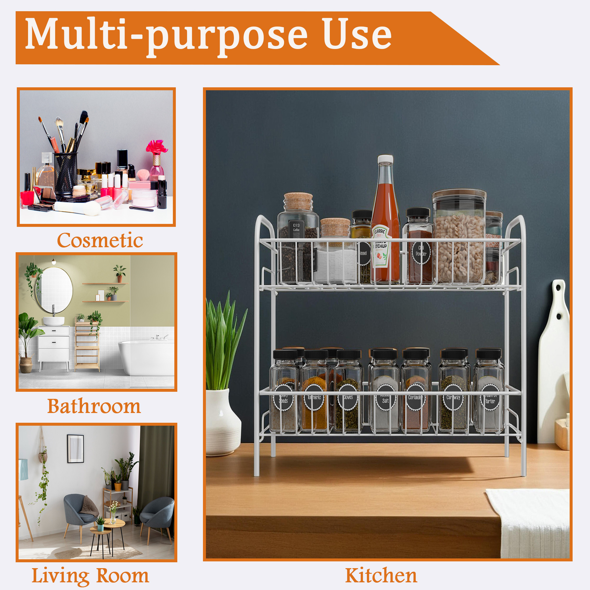 Kuber Industries Metal 2 Layer Kitchen Racks Organizer  Standing Rack for Storing Spices Pantry Storage Bathroom Floor and Cosmetic Items  Multipurpose Organiser Stand - White