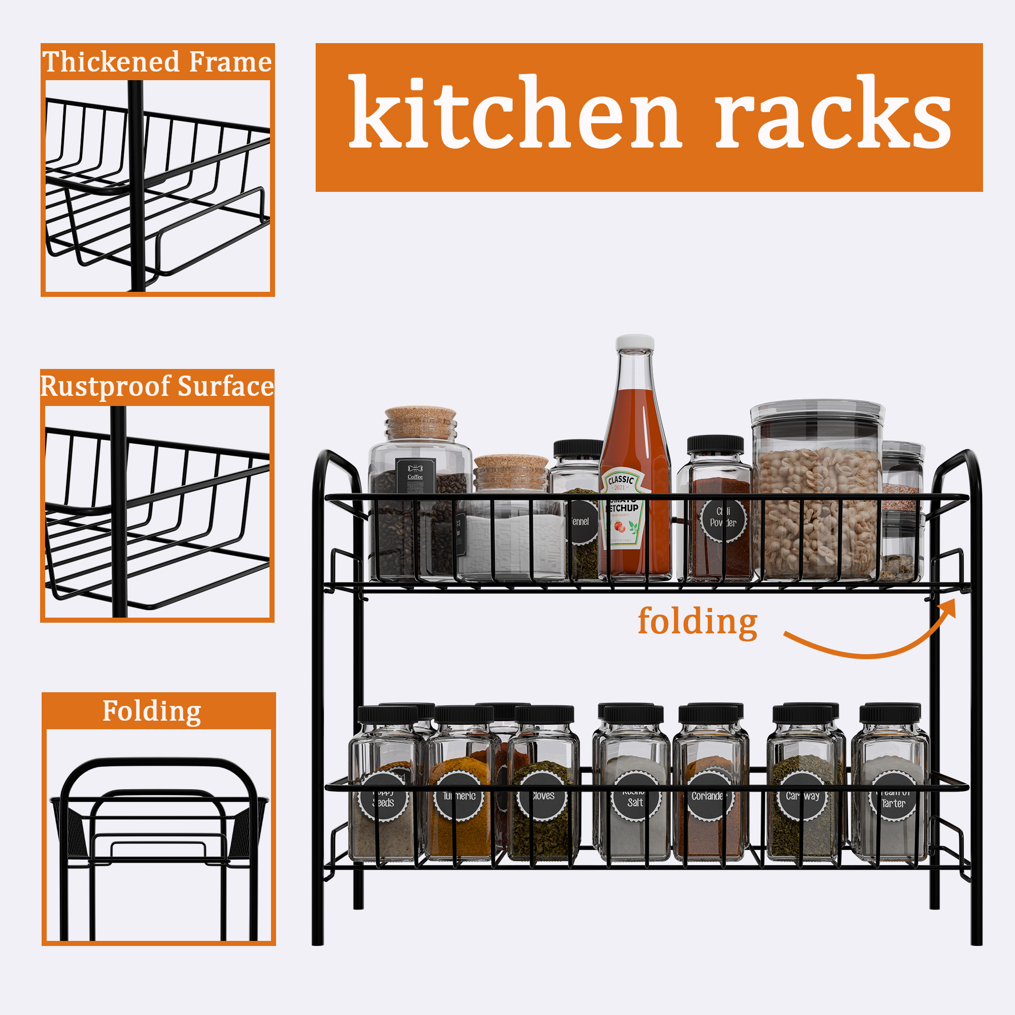 Kuber Industries Metal 2 Layer Kitchen Racks Organizer  Standing Rack for Storing Spices Pantry Storage Bathroom Floor and Cosmetic Items  Multipurpose Organiser Stand - Black