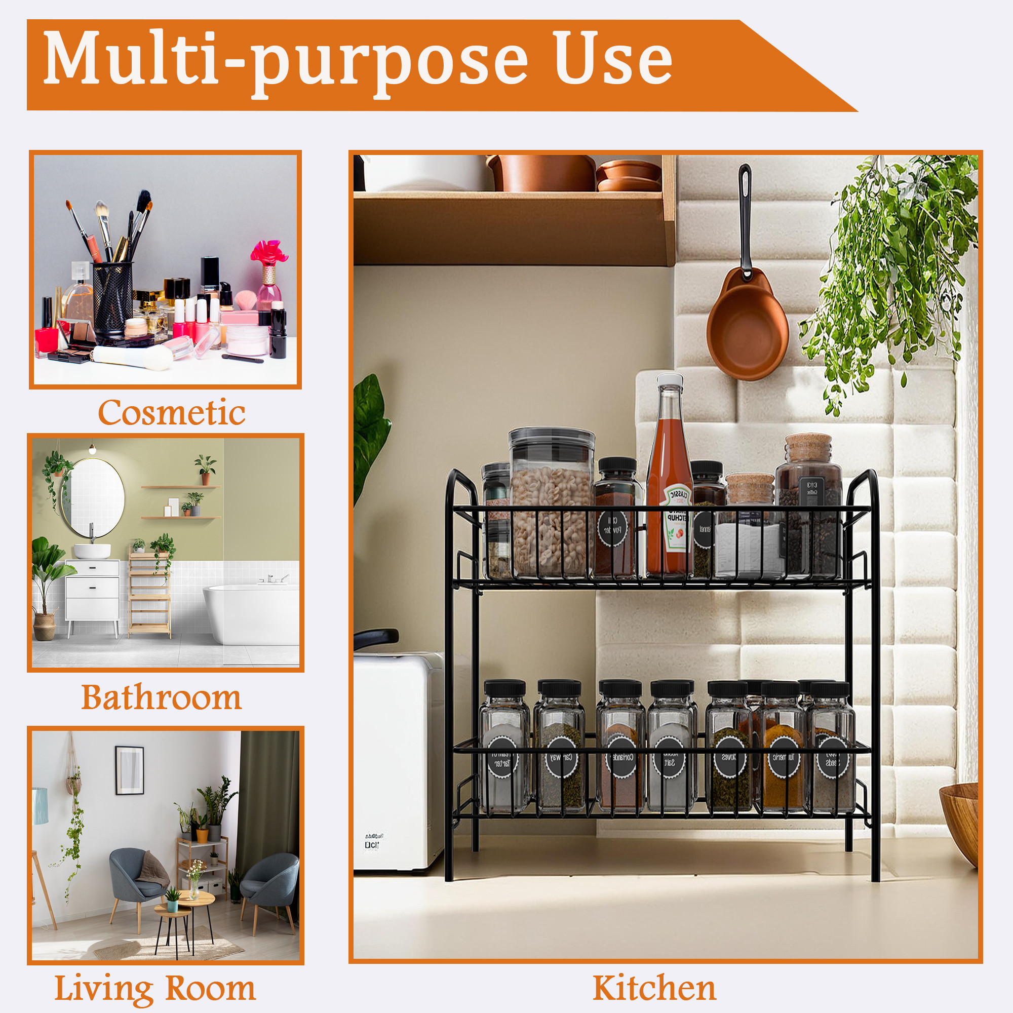 Kuber Industries Metal 2 Layer Kitchen Racks Organizer  Standing Rack for Storing Spices Pantry Storage Bathroom Floor and Cosmetic Items  Multipurpose Organiser Stand - Black