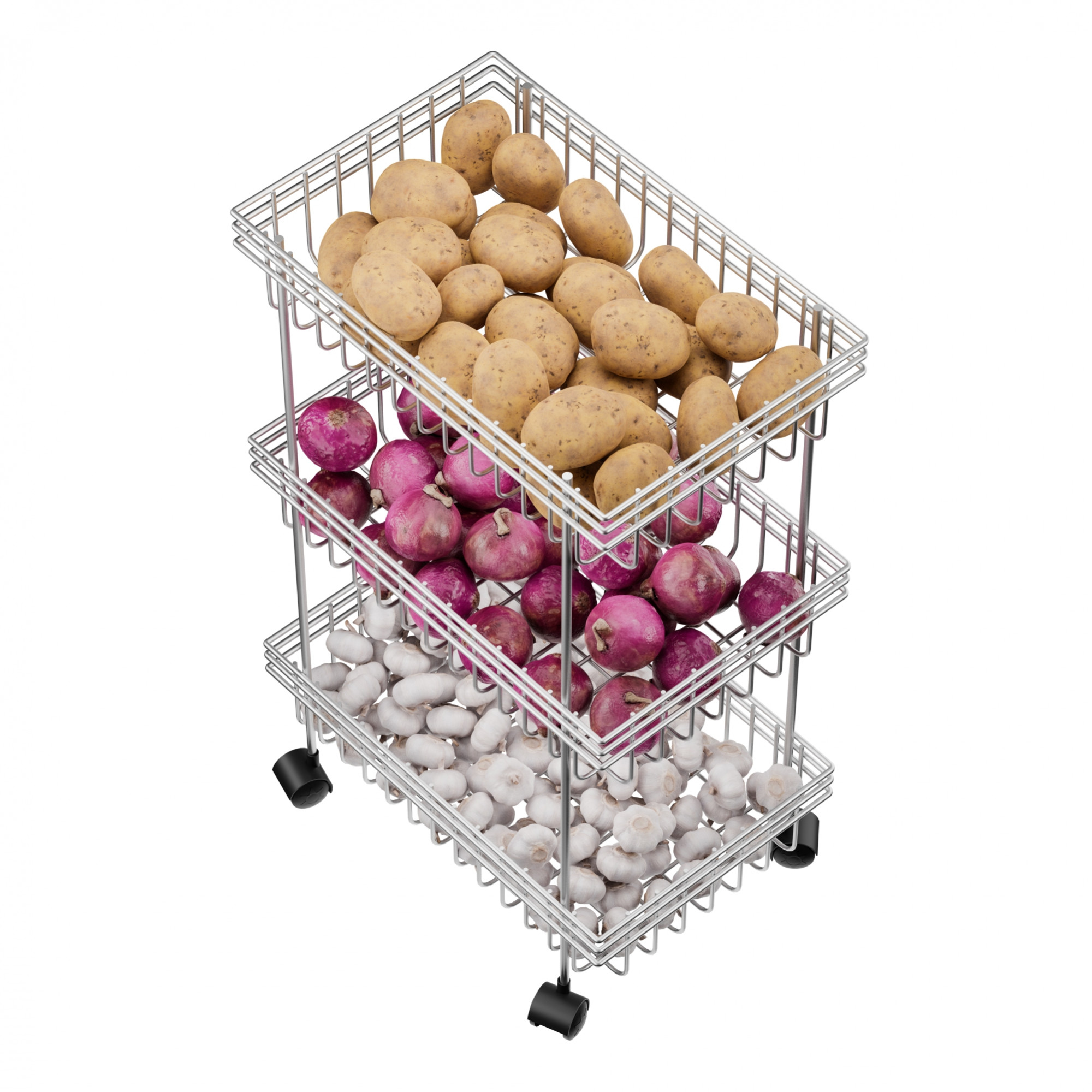 Kuber Industries Metal 3-Layer Multipurpose Fruits  Vegetable Stand  Kitchen Trolley with Wheels  Space-Saving Onion Potato Rack for Kitchen Storage  Silver